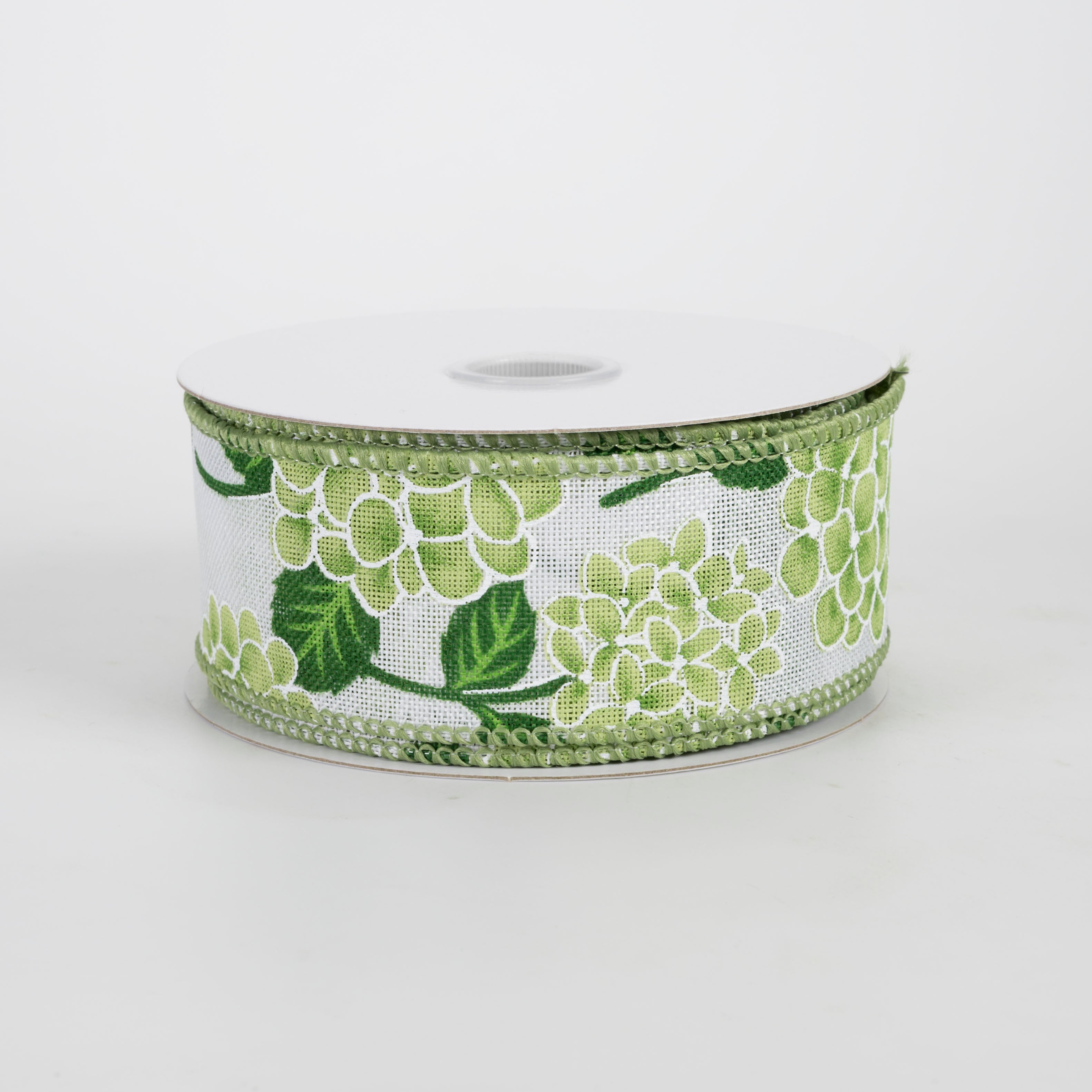 1.5" Linen Hydrangea Ribbon: Green on Ivory (10 Yards)