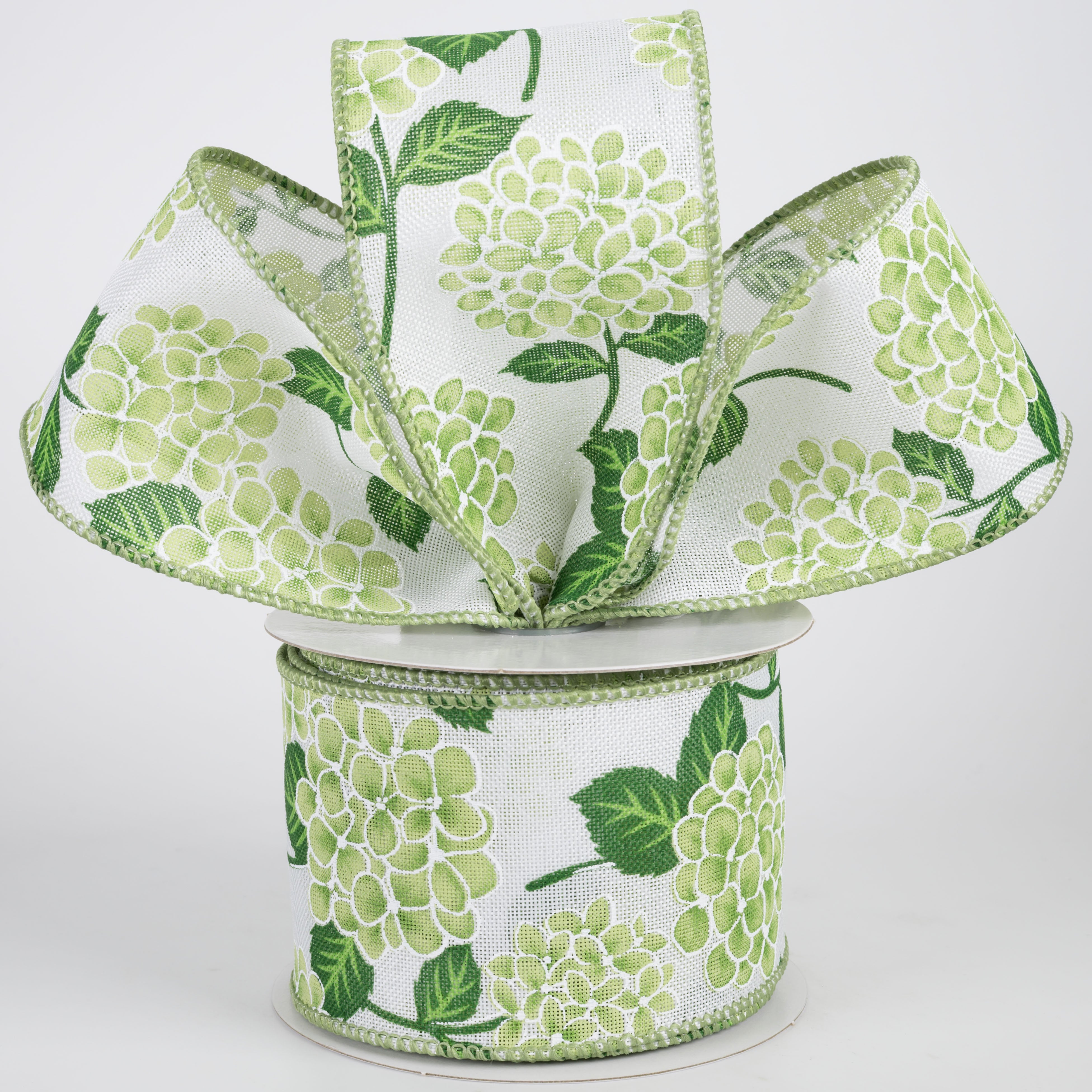 2.5" Linen Hydrangea Ribbon: Green on Ivory (10 Yards)