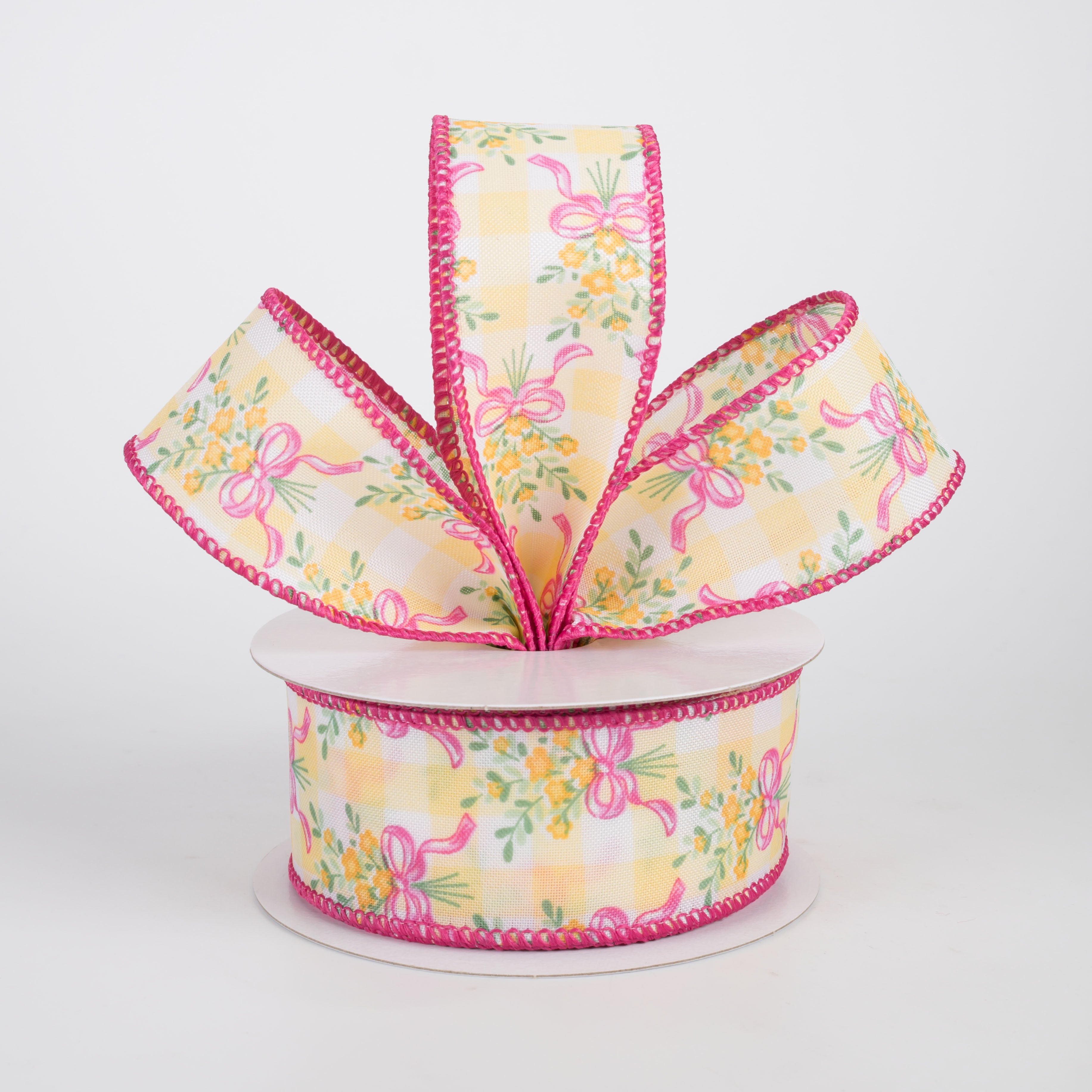 1.5" Satin Flower Bow Bouquet Ribbon: White & Yellow (10 Yards)