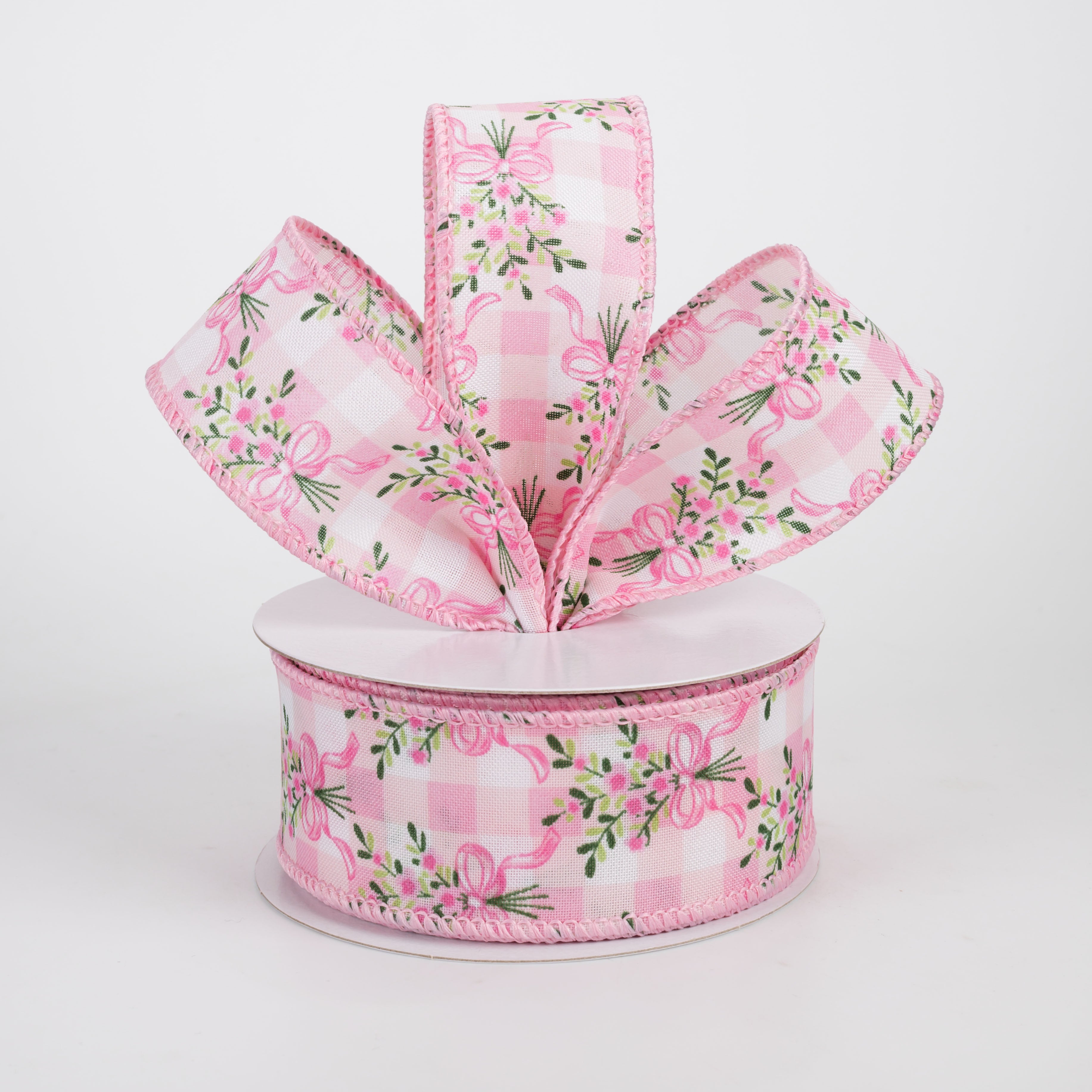 1.5" Satin Flower Bow Bouquet Ribbon: White & Pink (10 Yards)