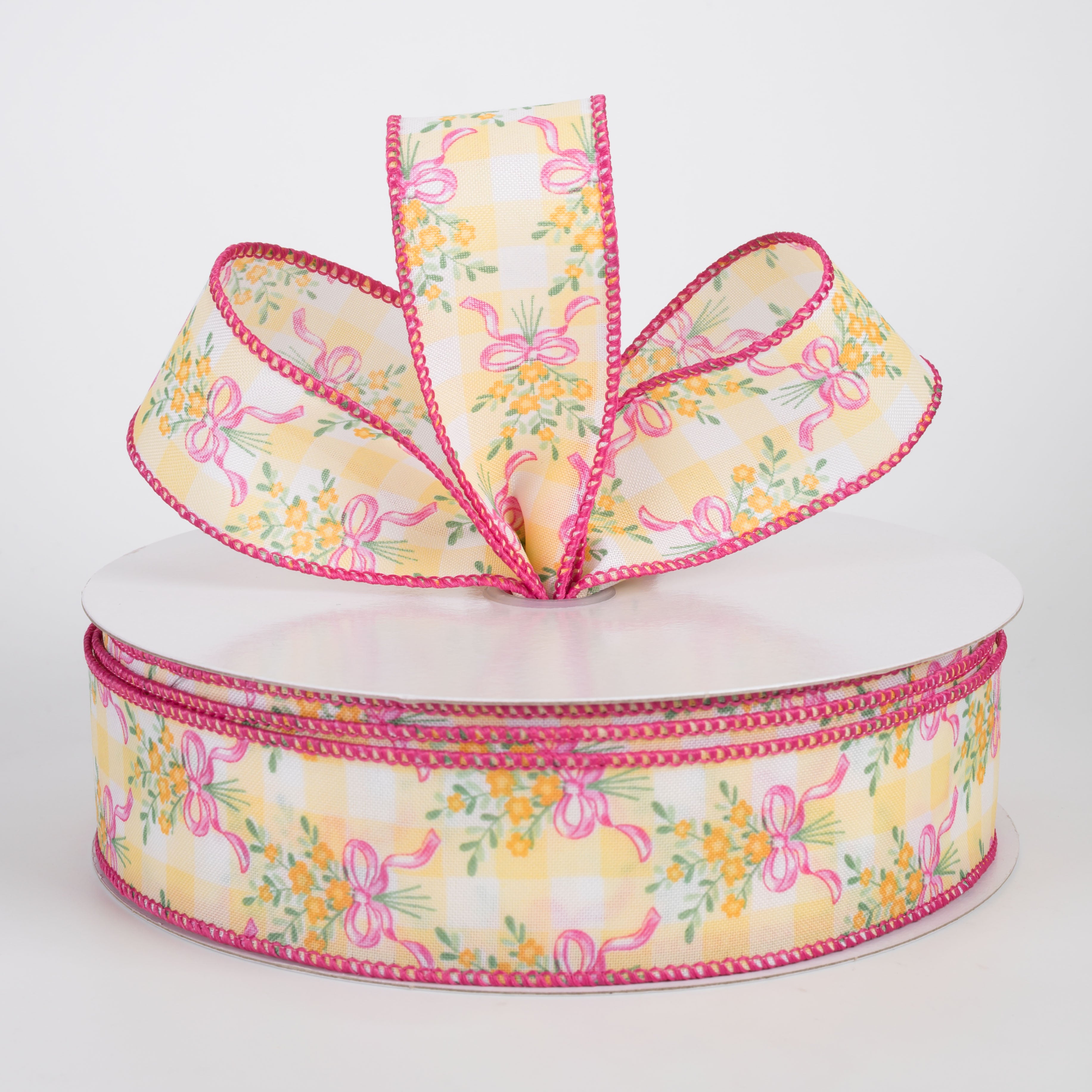 1.5" Satin Flower Bow Bouquet Ribbon: White & Yellow (50 Yards)