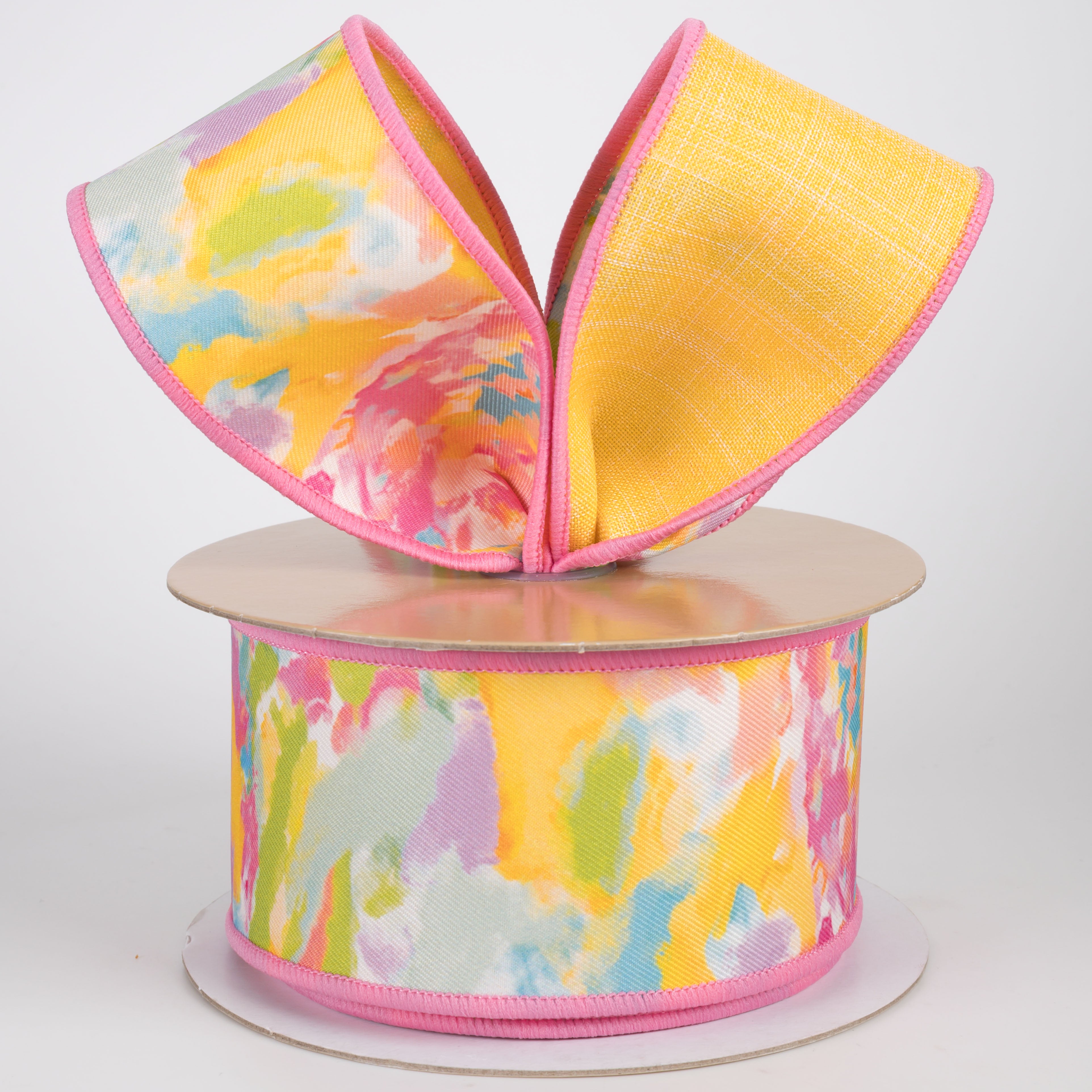 2.5" Double Sided Fused Abstract Paint Ribbon: Pink & Yellow (10 Yards)