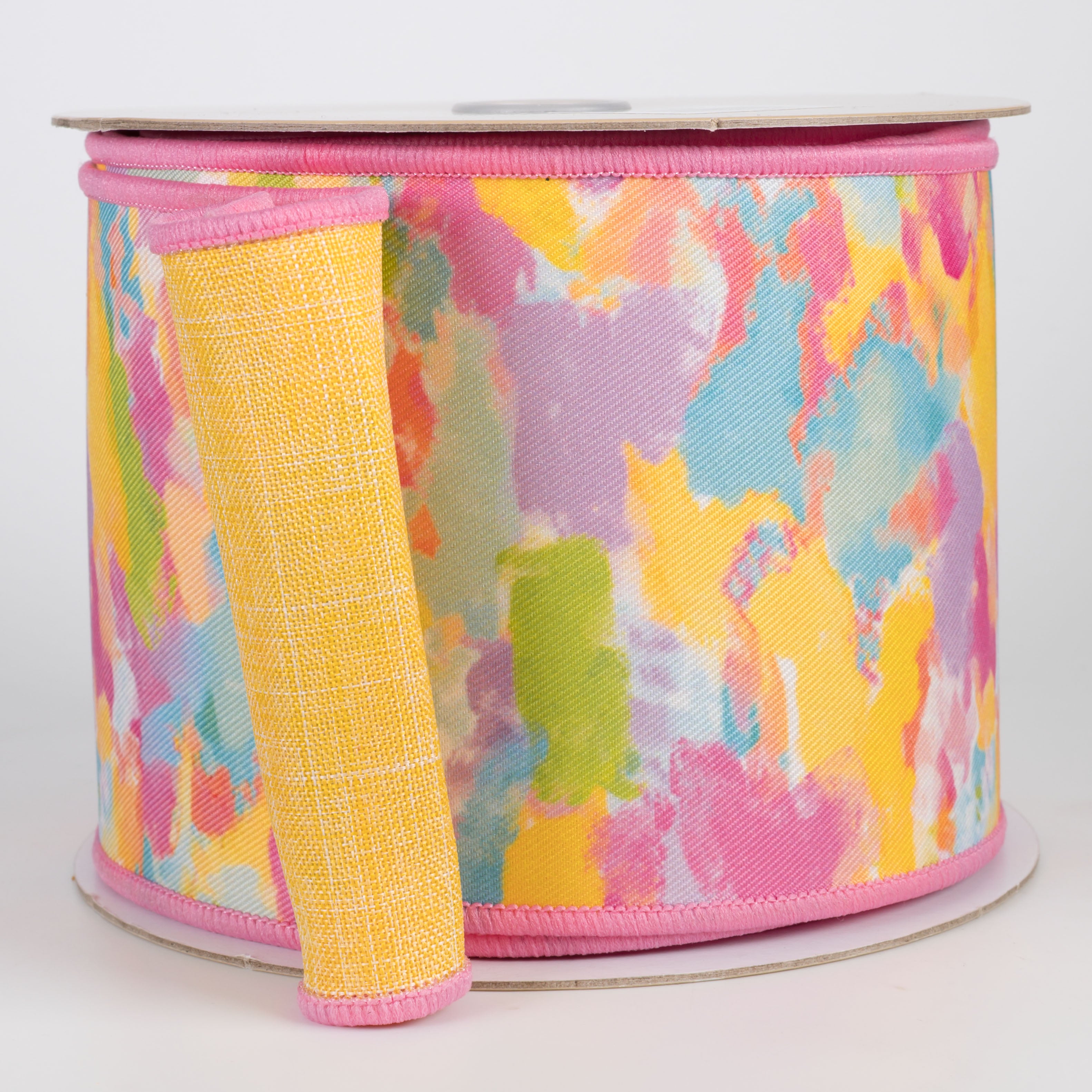 4" Double Sided Fused Abstract Paint Ribbon: Pink & Yellow (10 Yards)