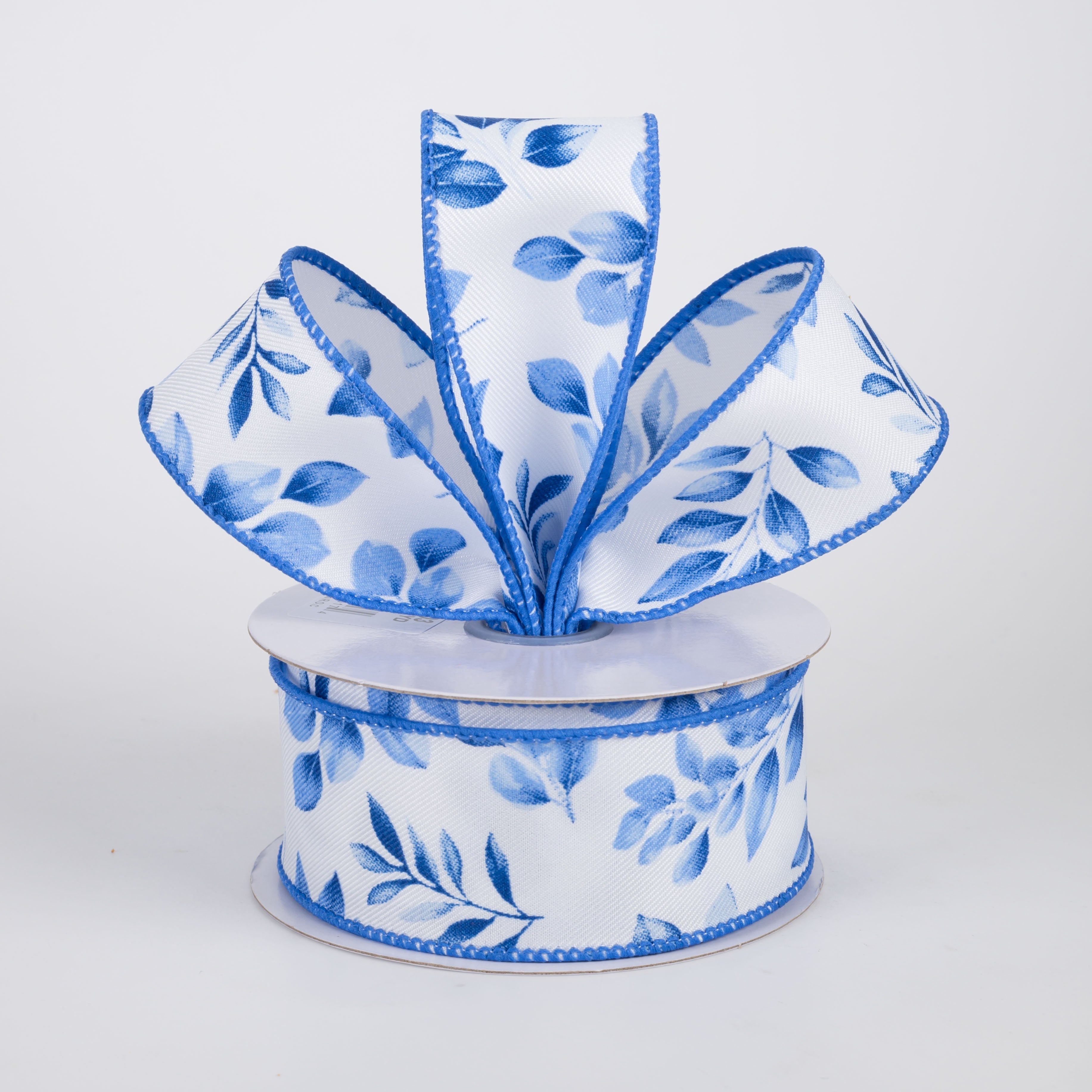 1.5" Greenery Leaves Ribbon: Blues on White (10 Yards)