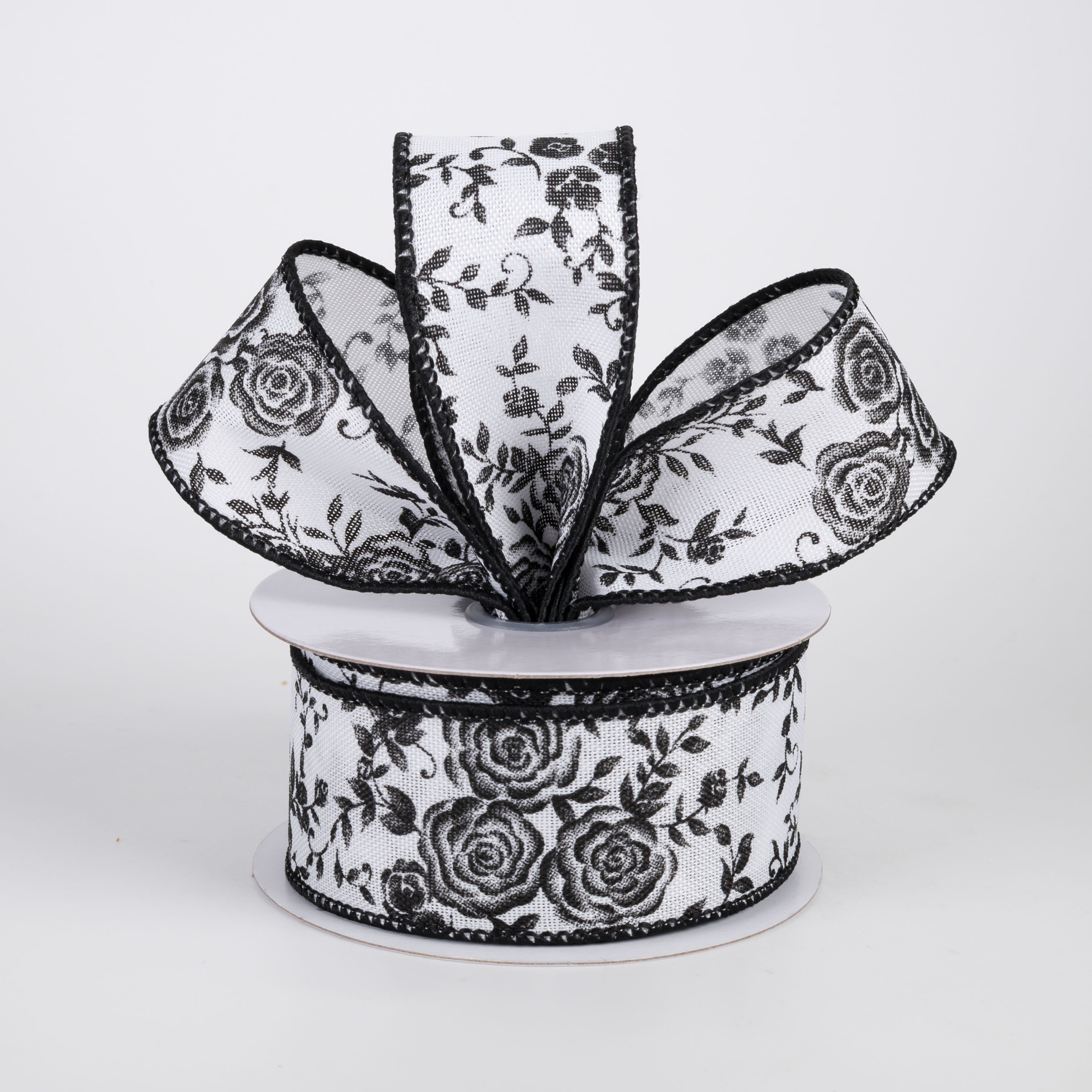1.5" Mini Roses Floral Ribbon: Black on White (10 Yards)
