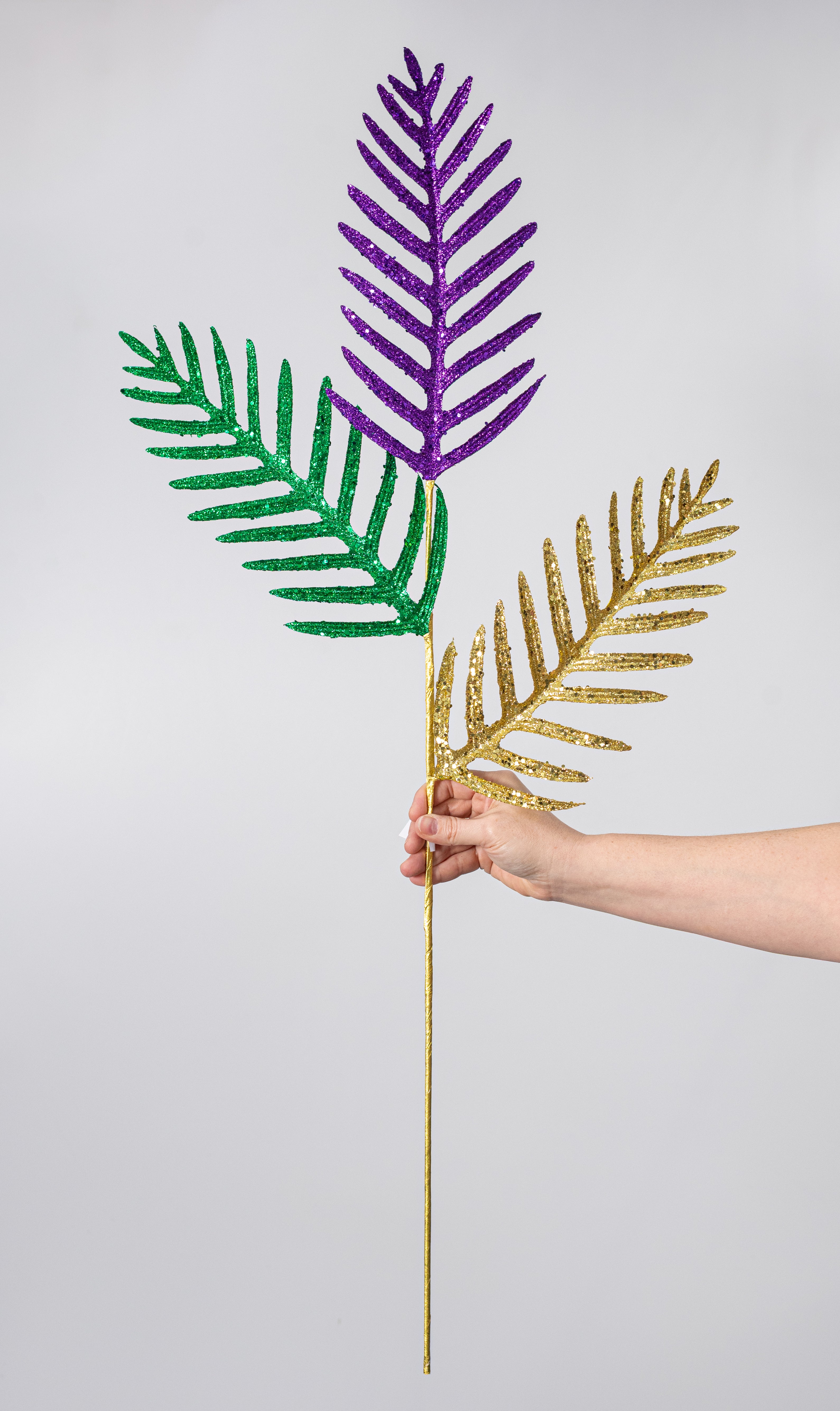 38" Glittered Fern Spray: Mardi Grass