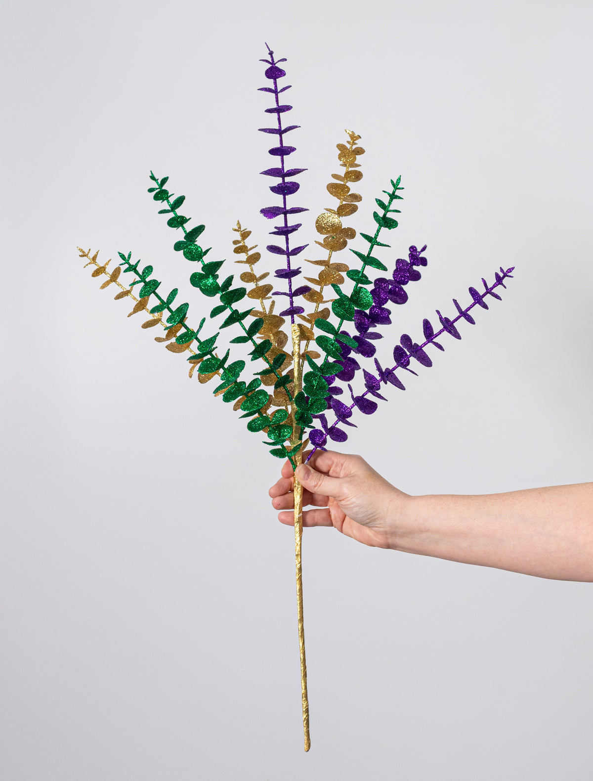 27" Glittered Eucalyptus Spray: Mardi Gras
