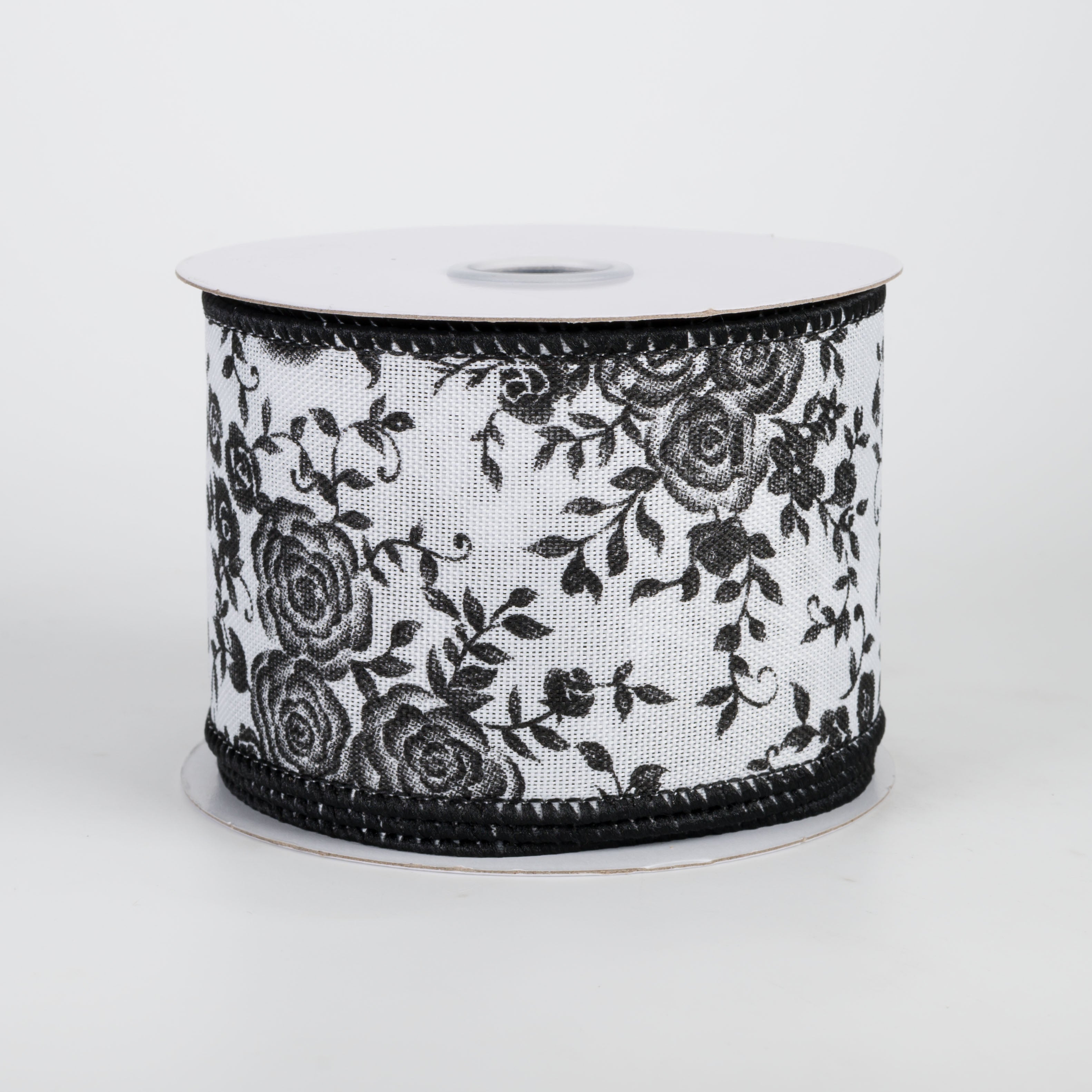 2.5" Mini Roses Floral Ribbon: Black on White (10 Yards)