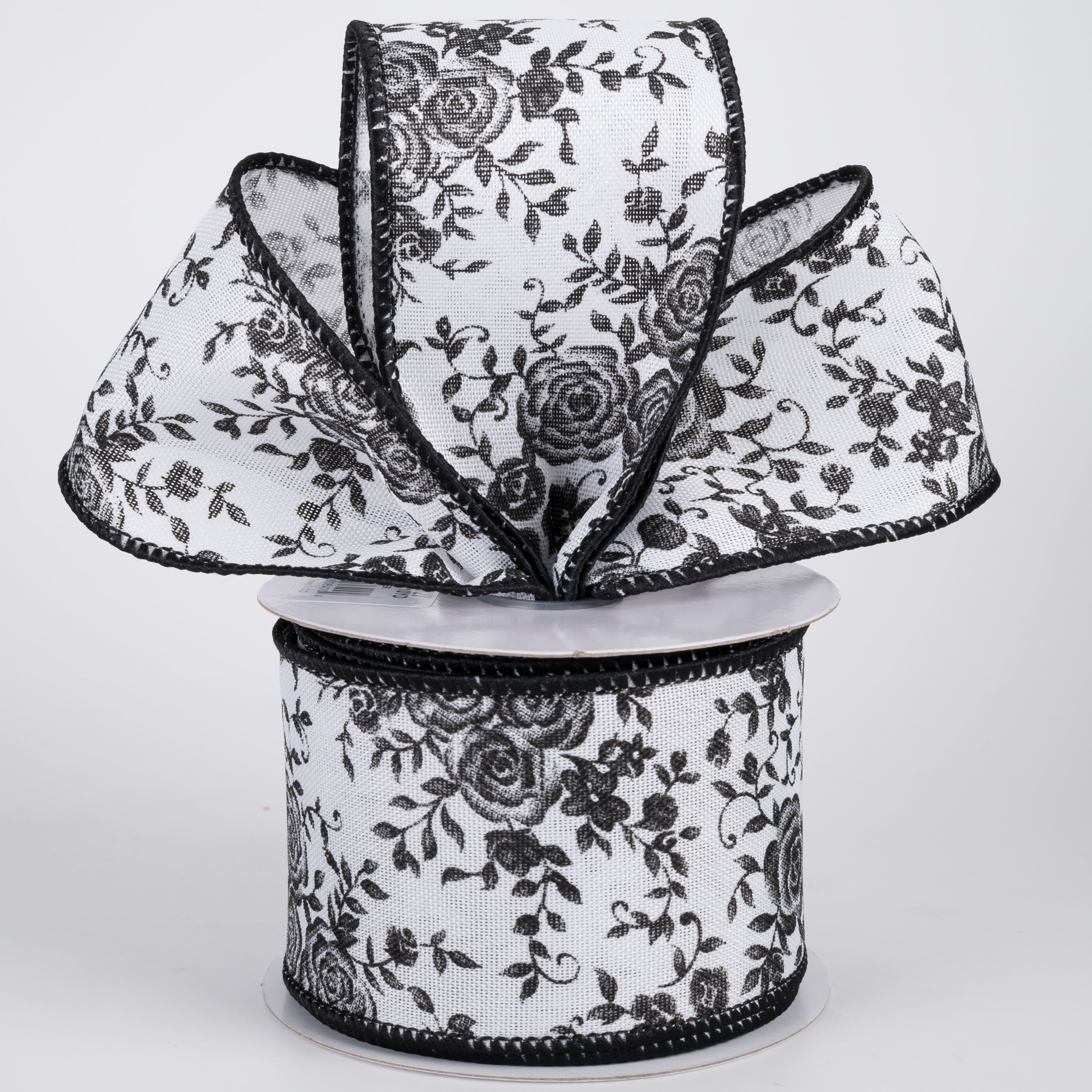 2.5" Mini Roses Floral Ribbon: Black on White (10 Yards)