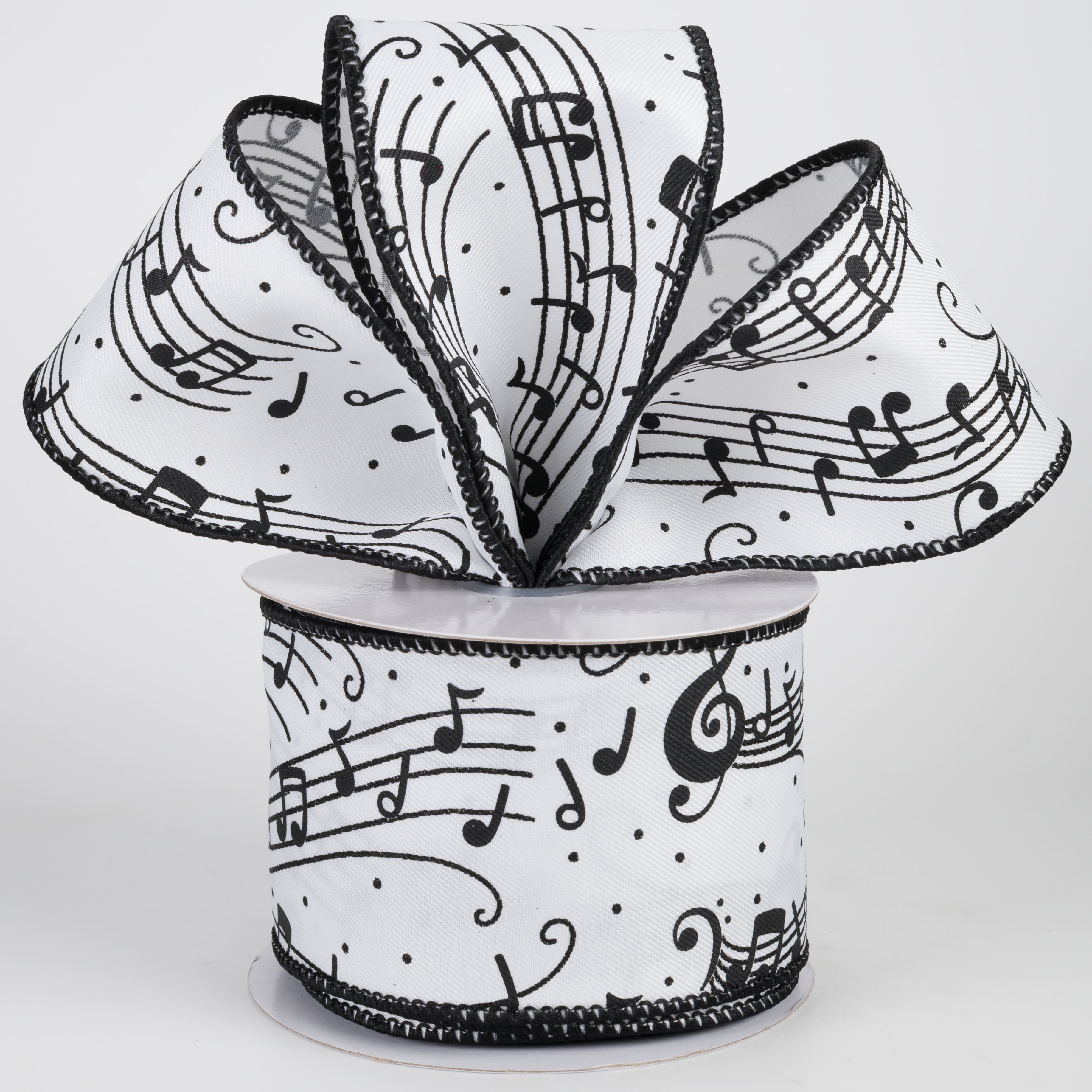 2.5" Music Notes & Staff Ribbon: Black on White (10 Yards)