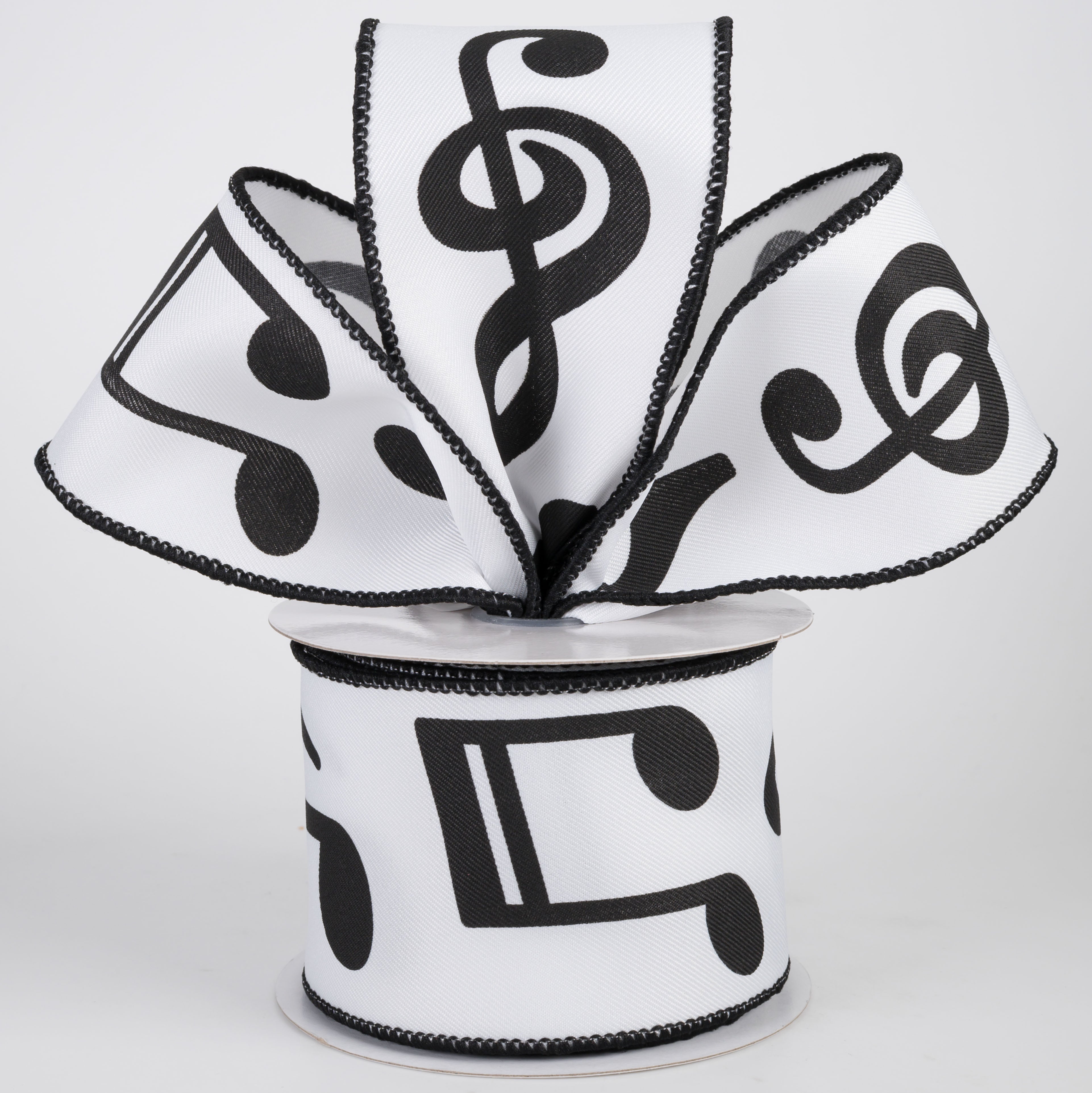 2.5" Bold Music Notes Ribbon: Black on White (10 Yards)