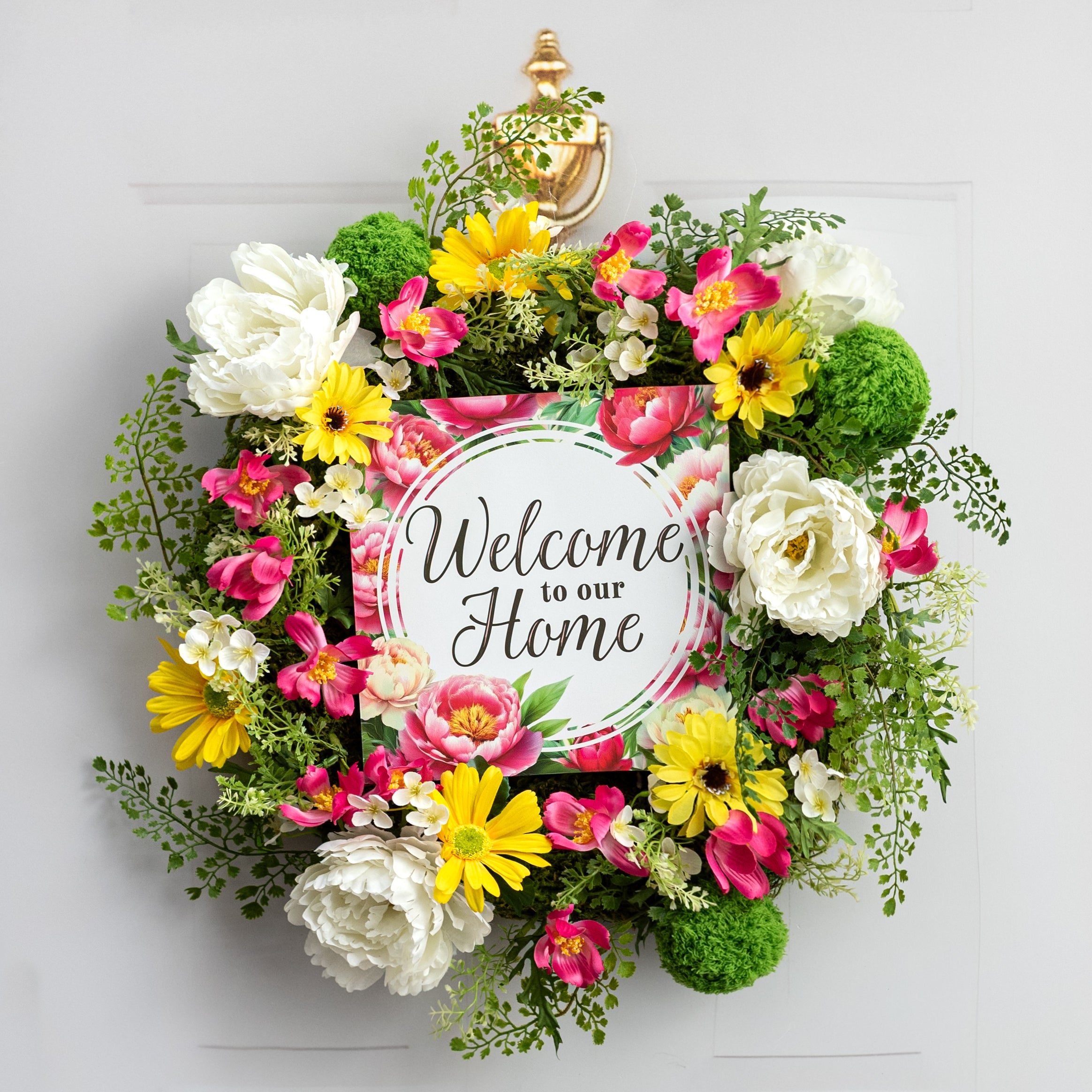 10" Square Wooden Sign: Welcome To Our Home Peonies Flowers