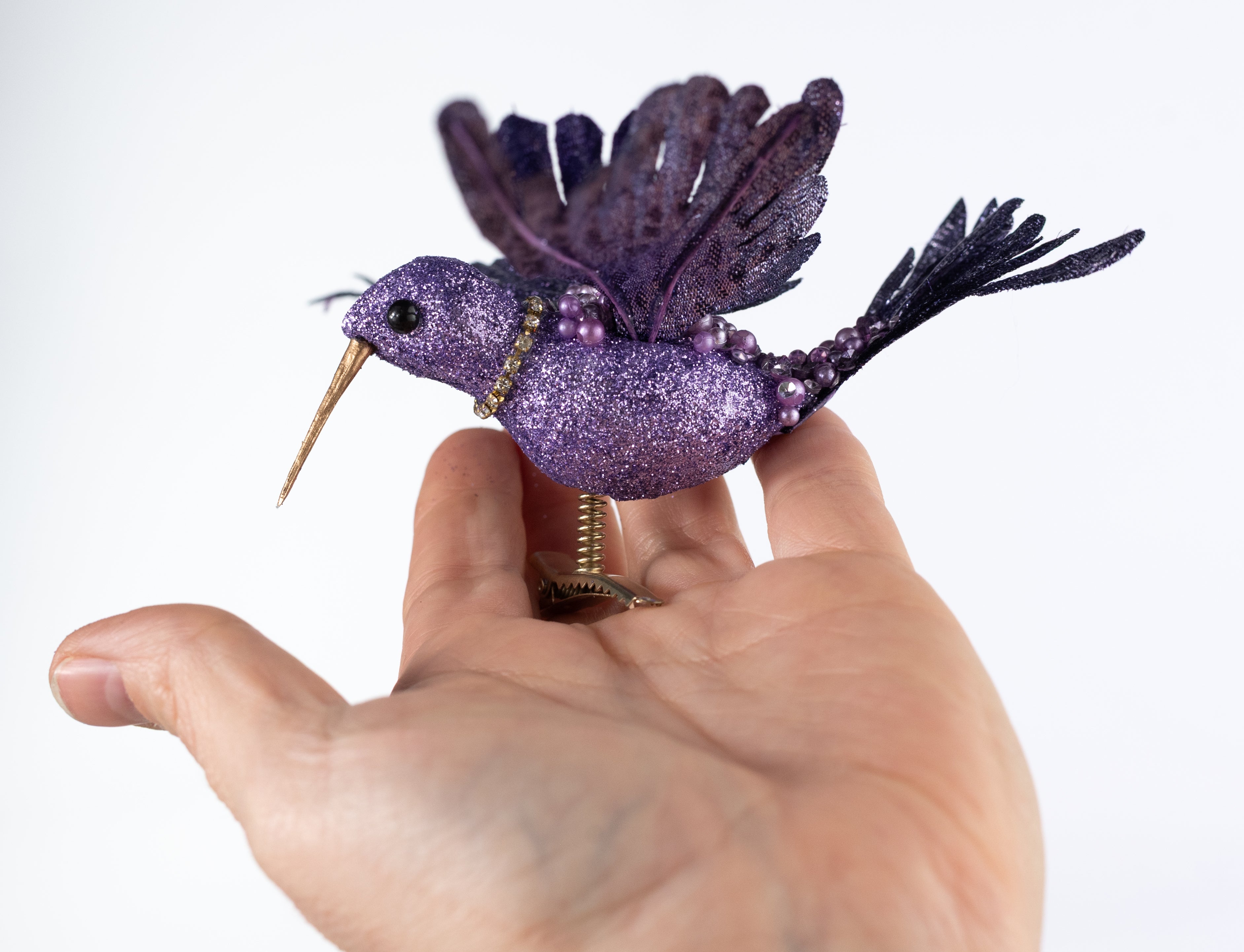 8" Glittered & Jeweled Hummingbird Clip Ornament: Lavender