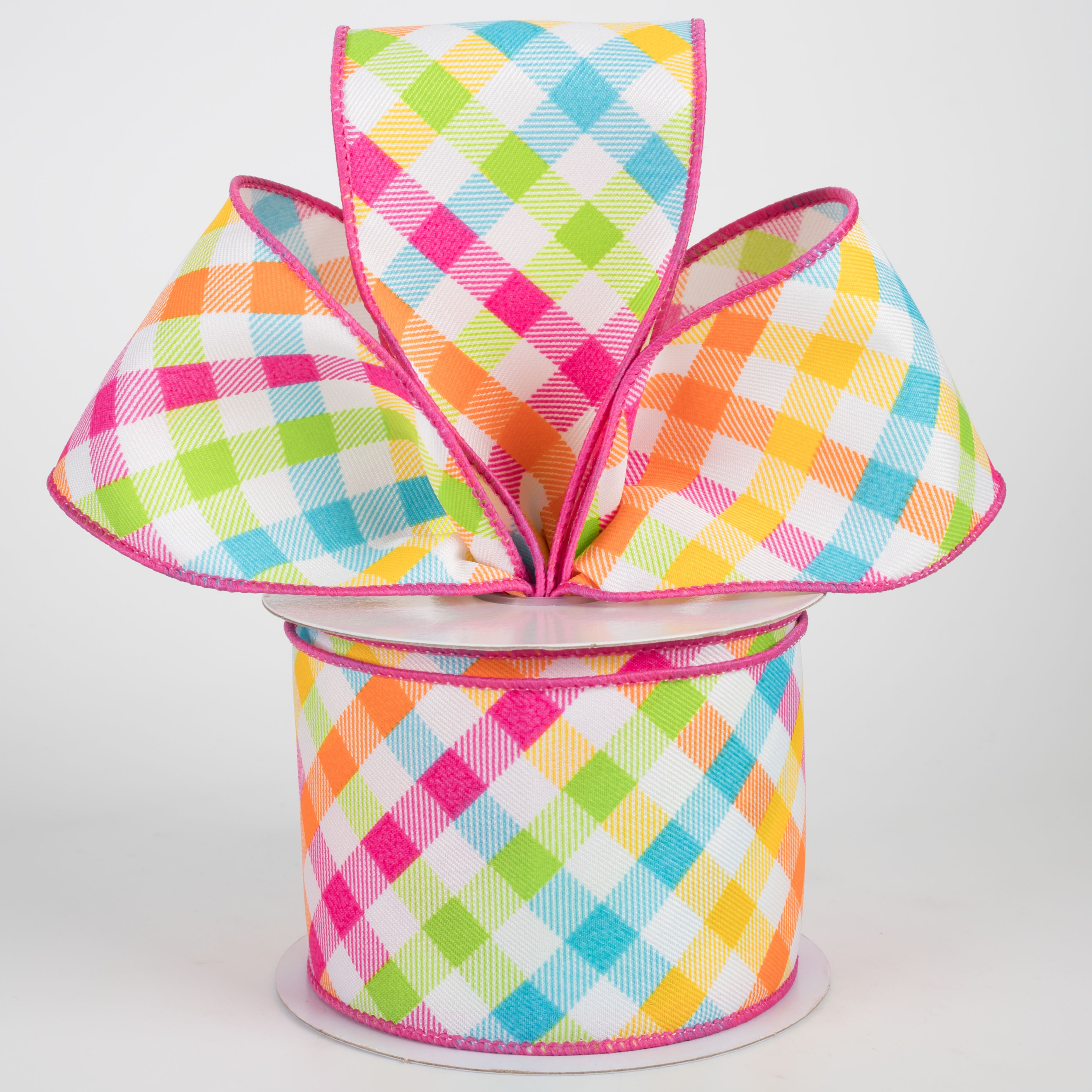 2.5" Multicolor Plaid on Diagonal Weave Ribbon: Neon Brights (10 Yards)