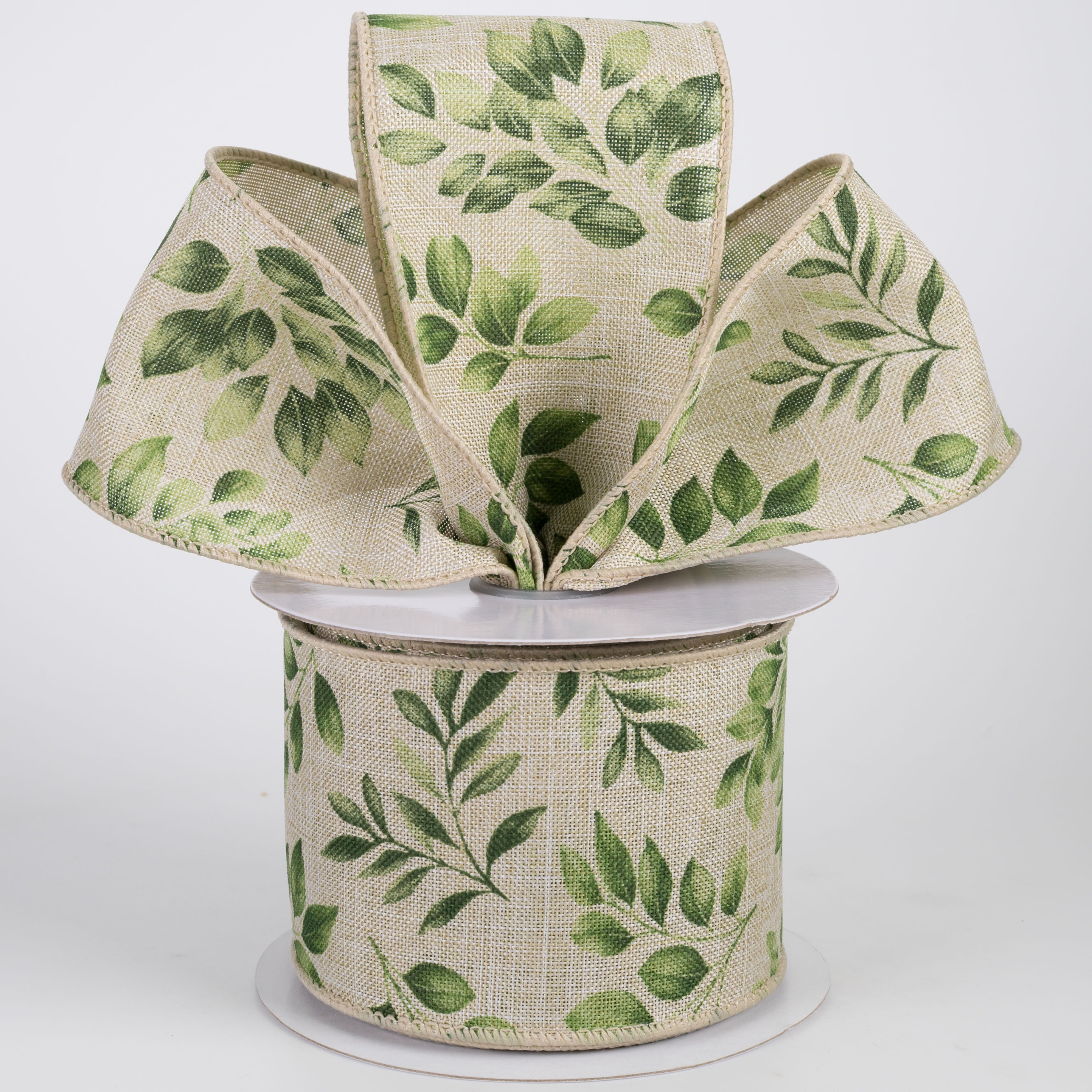 2.5" Greenery Leaves Ribbon: Greens on Natural (10 Yards)