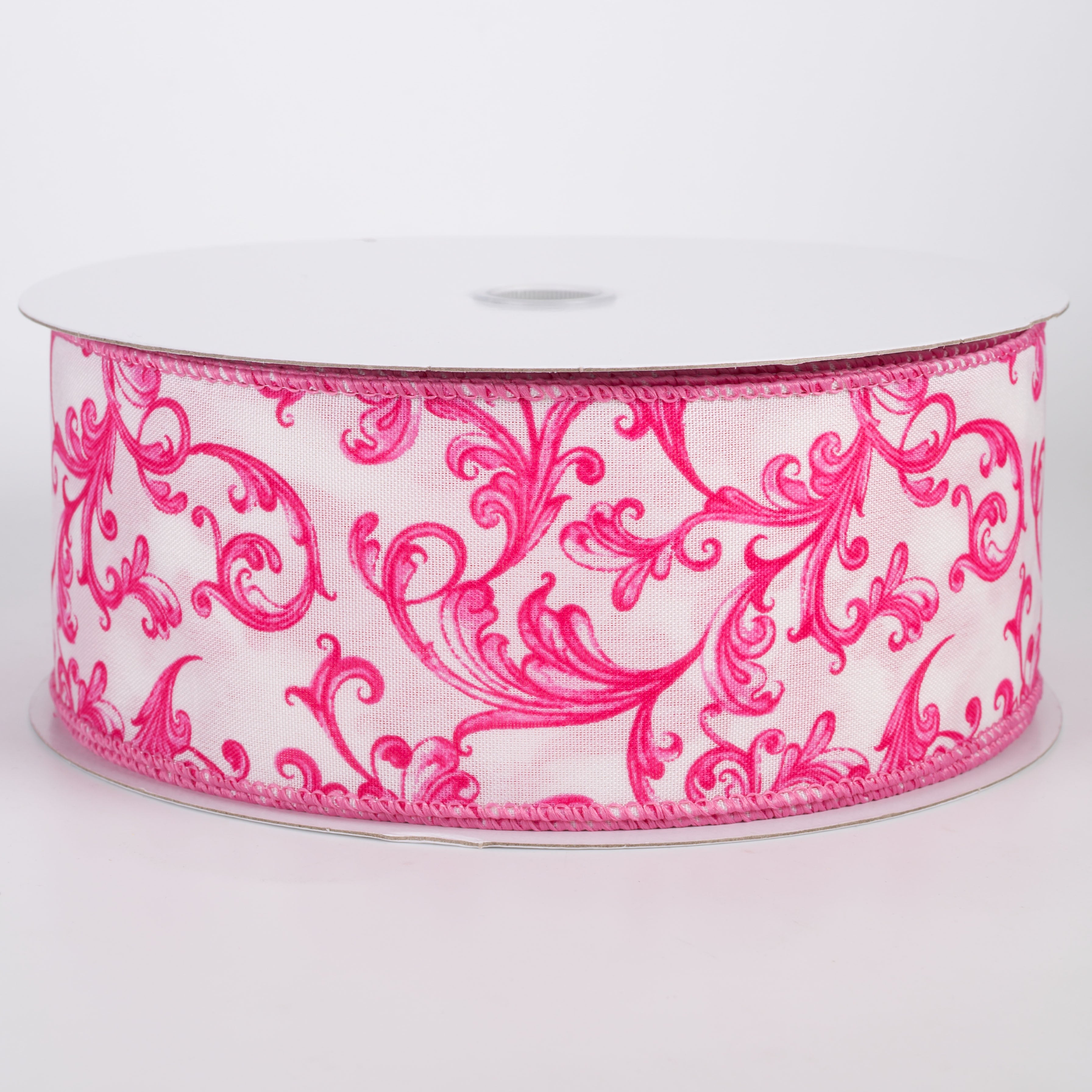 2.5" Satin Chinoiserie Swirls Ribbon: Hot Pink on White (50 Yards)