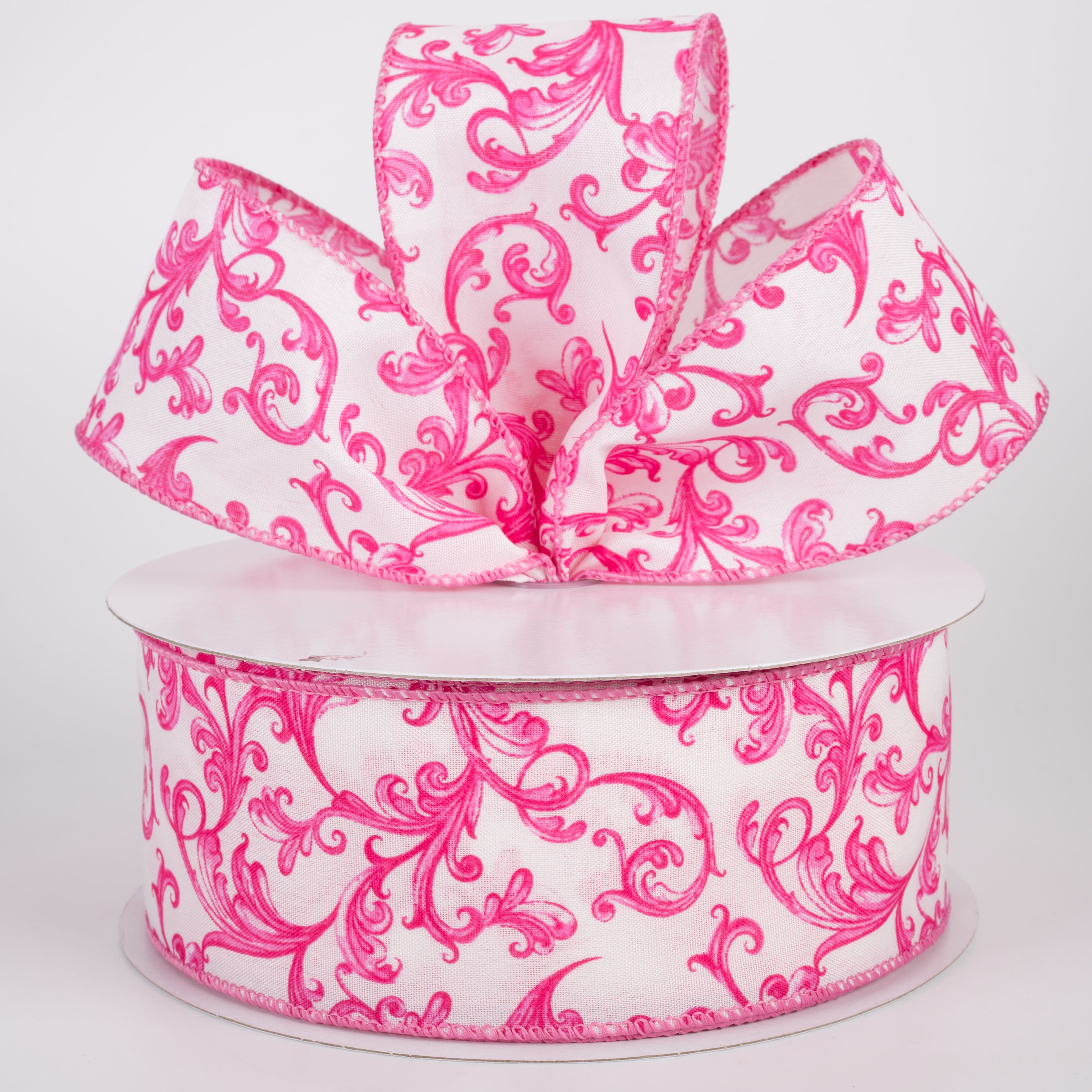 2.5" Satin Chinoiserie Swirls Ribbon: Hot Pink on White (50 Yards)