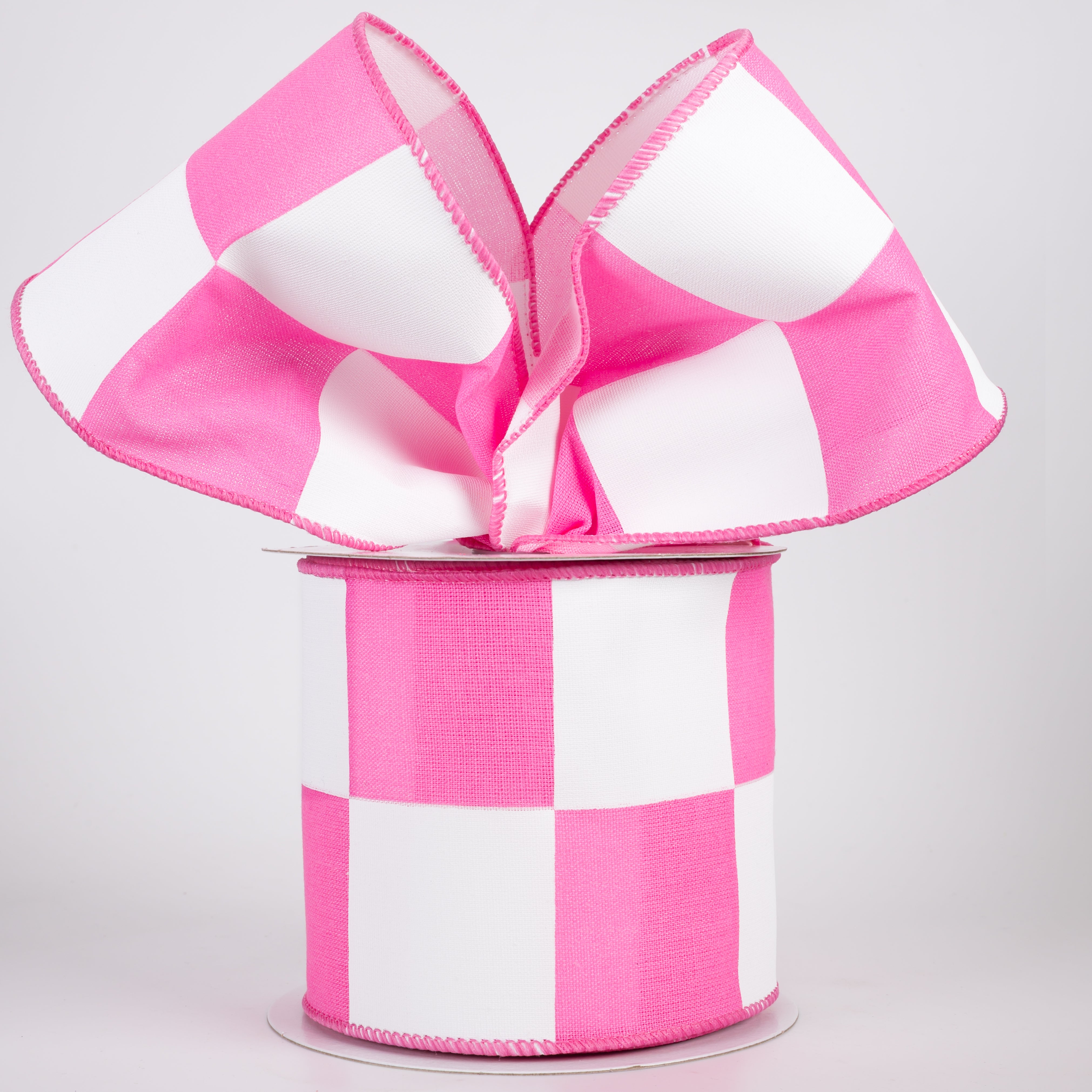 4" Oversized Race Checks Ribbon: Pink & White (10 Yards)