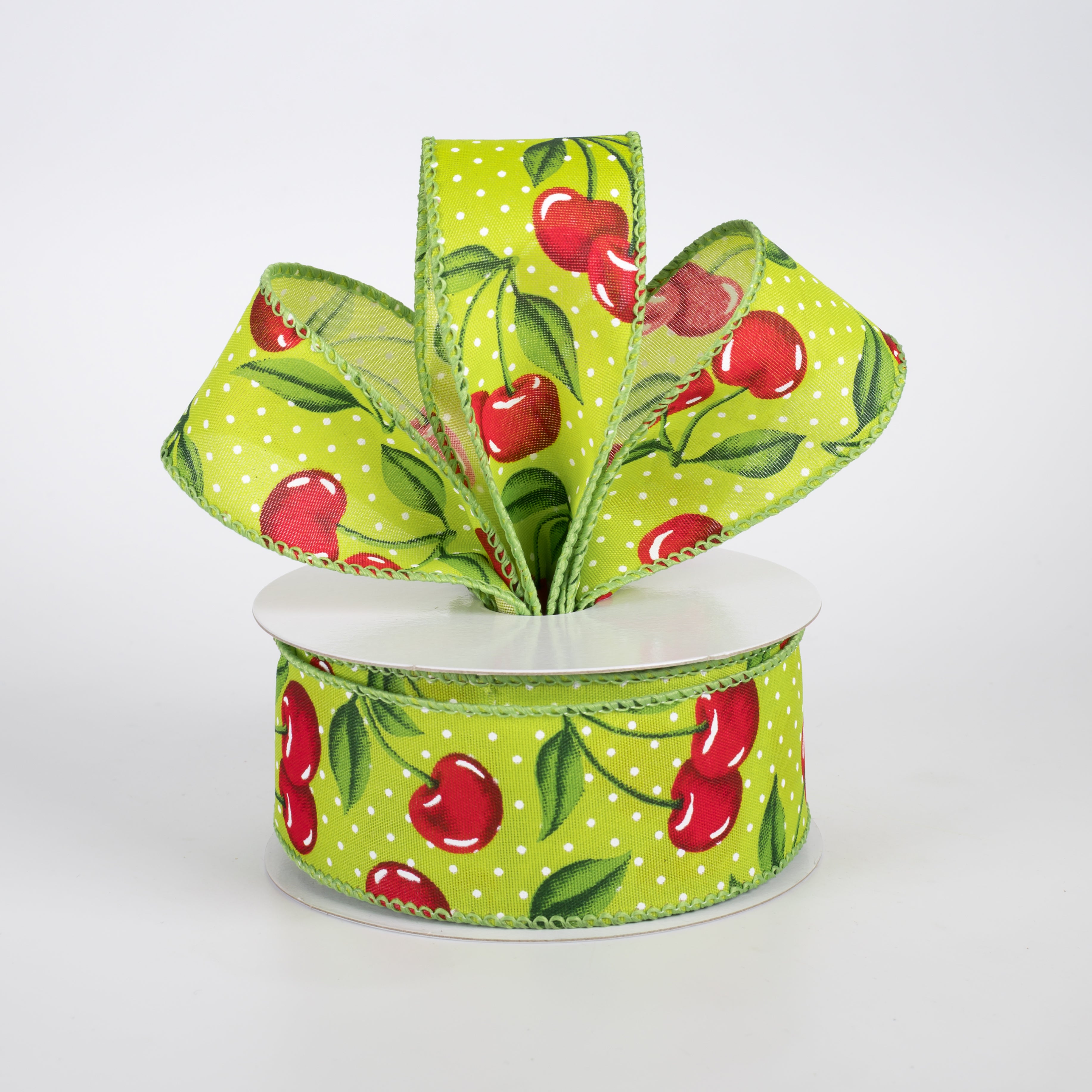 1.5" Satin Dots & Cherries Ribbon: Lime (10 Yards)