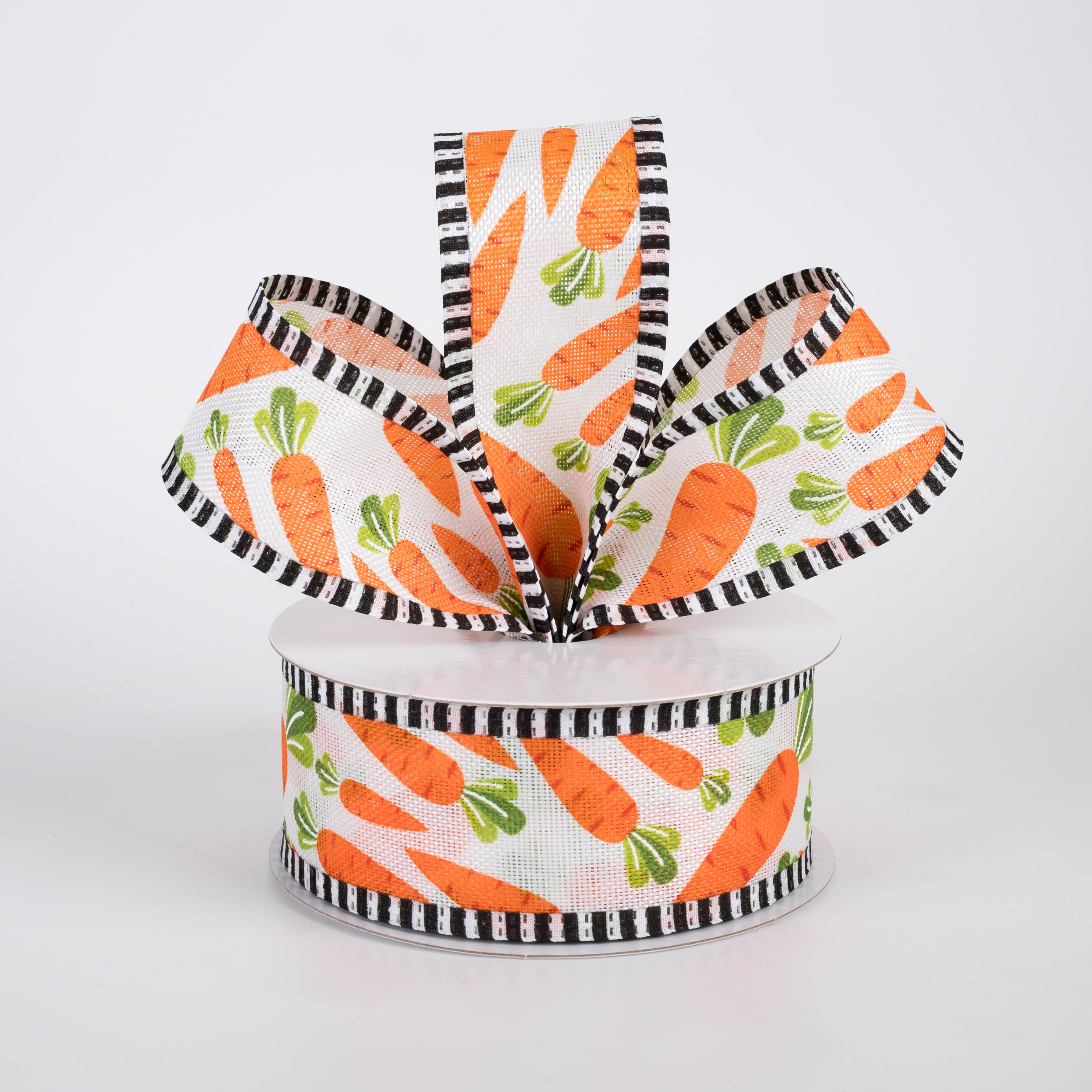 1.5" Linen Carrots B&W Stripe Edge Ribbon: White (10 Yards)