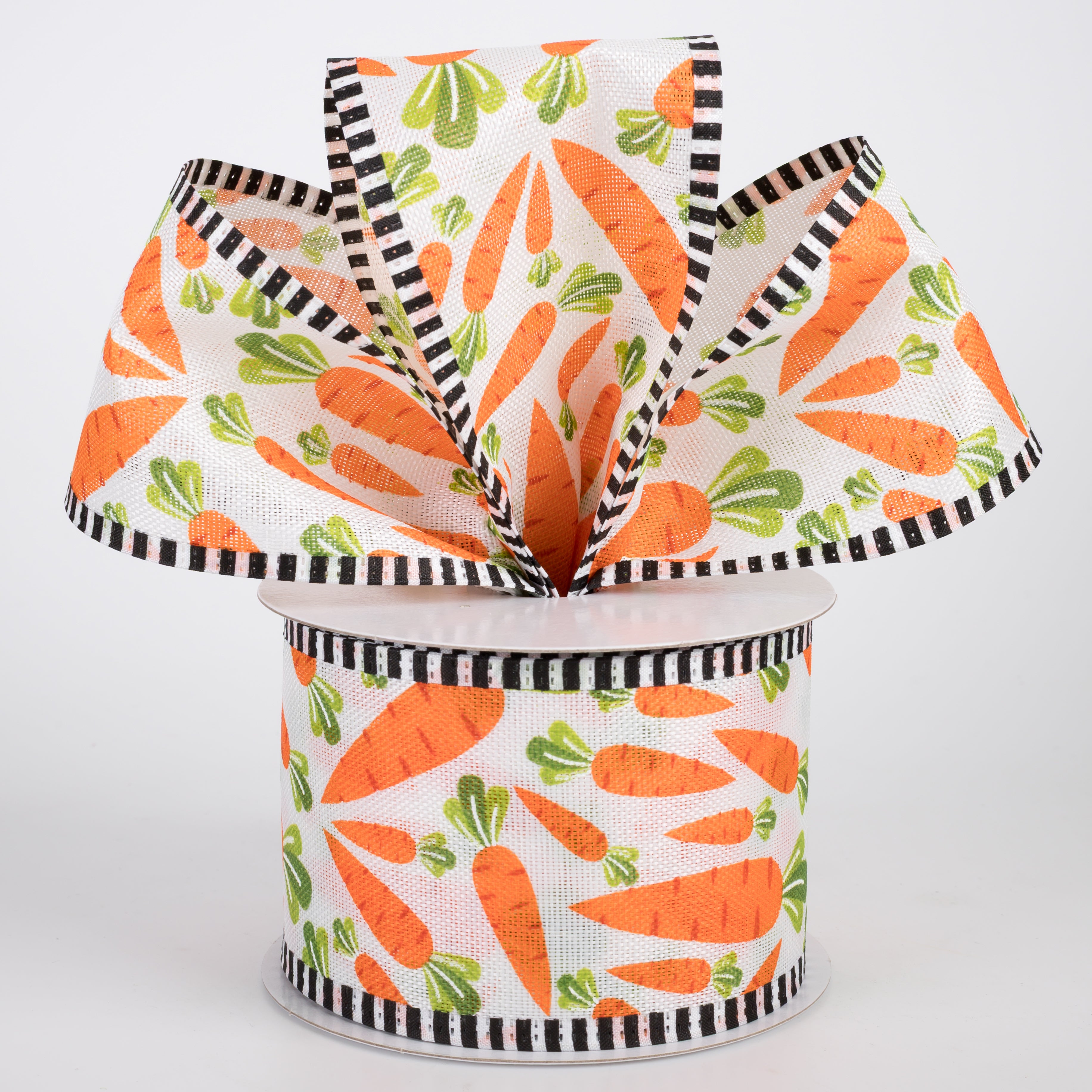 2.5" Linen Carrots B&W Stripe Edge Ribbon: White (10 Yards)