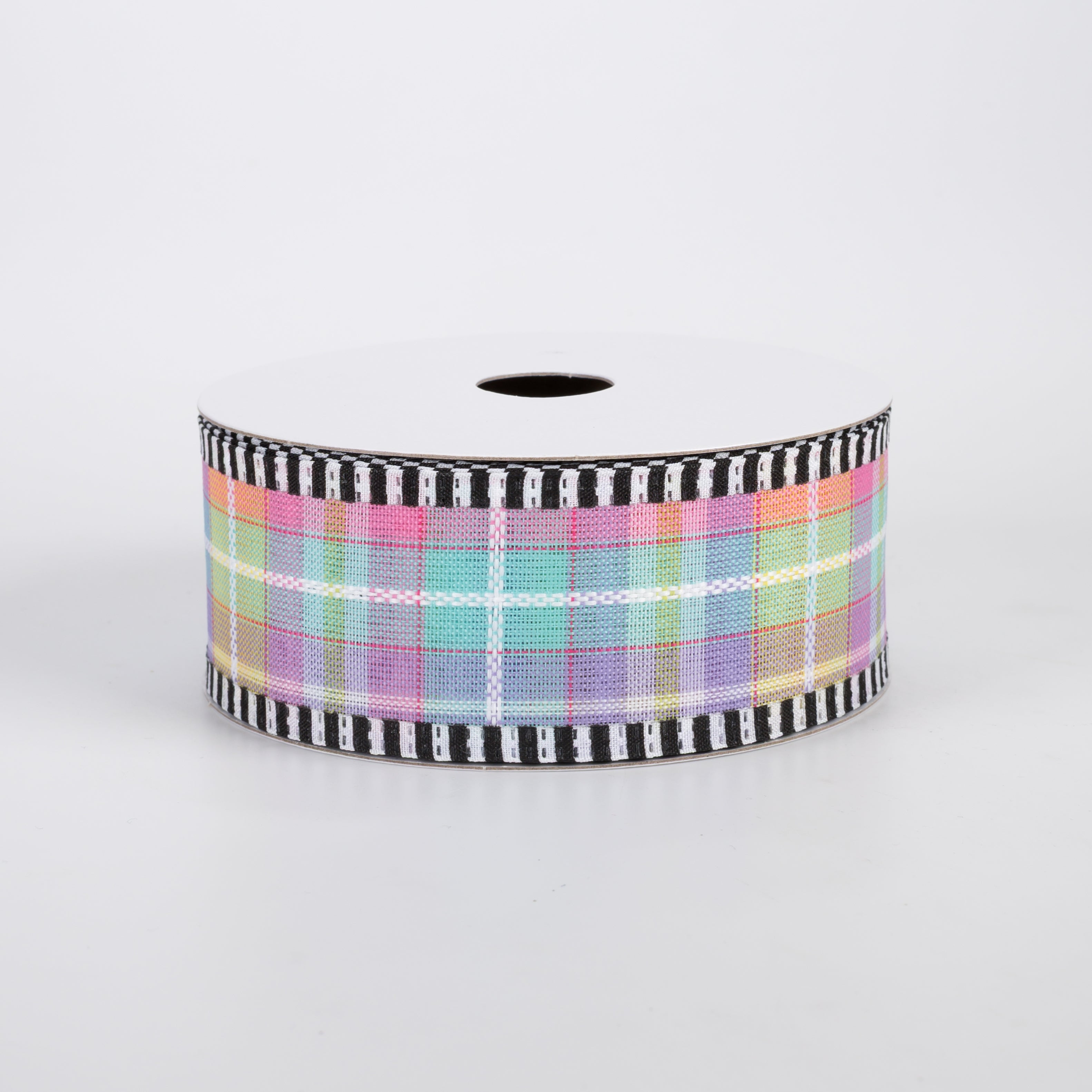 1.5" Kennedy Plaid B&W Stripe Edge Ribbon: Pastel (10 Yards)