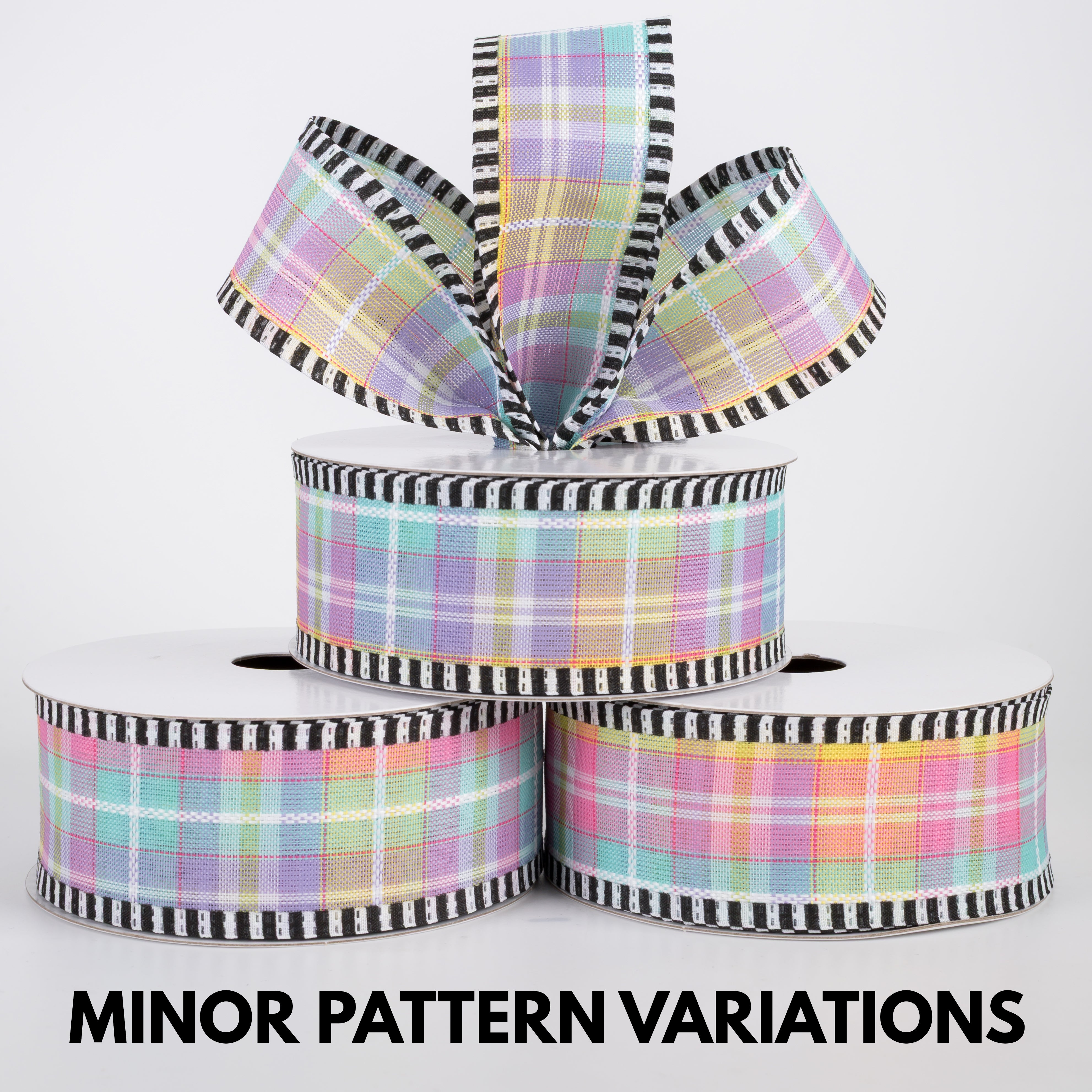 1.5" Kennedy Plaid B&W Stripe Edge Ribbon: Pastel (10 Yards)