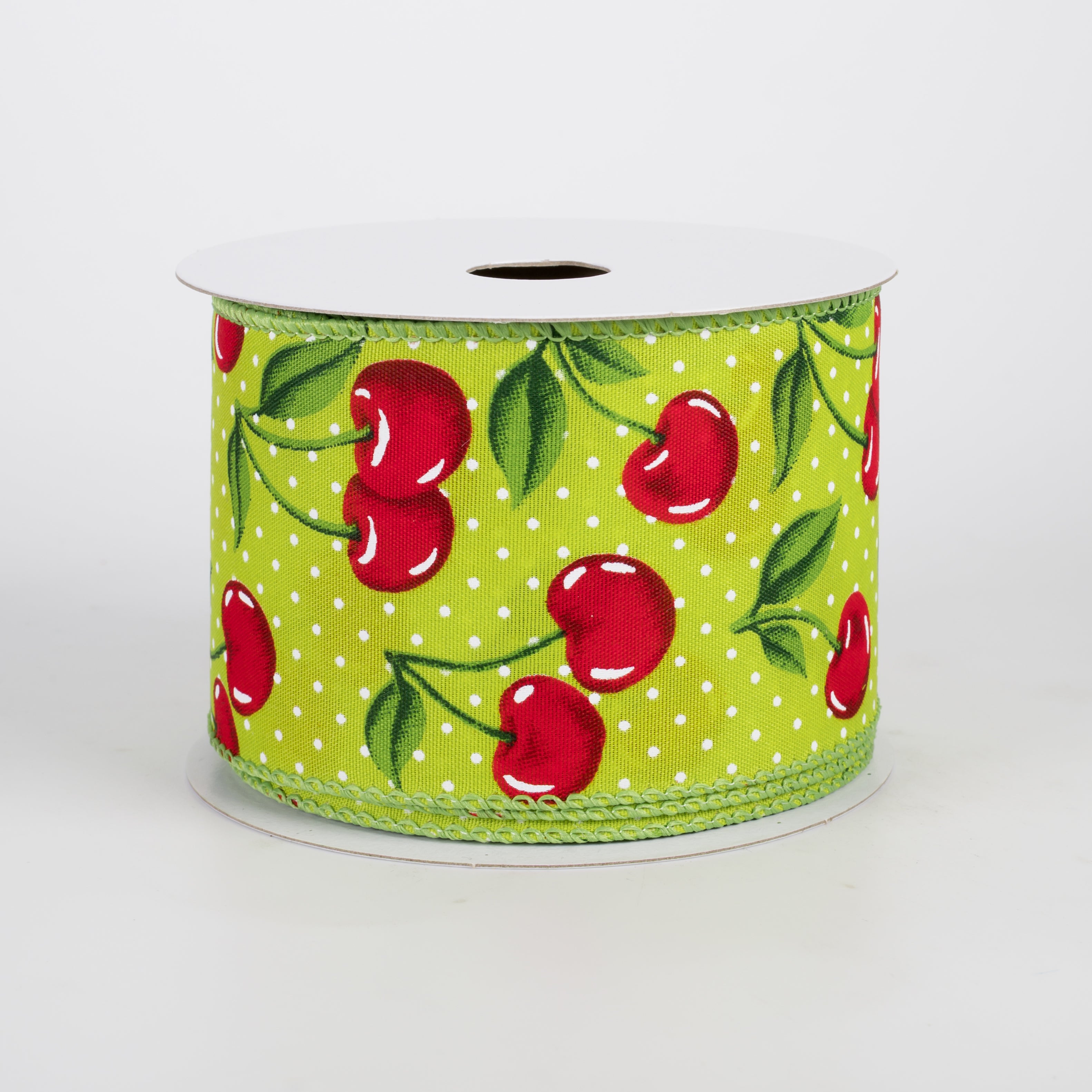 2.5" Satin Dots & Cherries Ribbon: Lime (10 Yards)