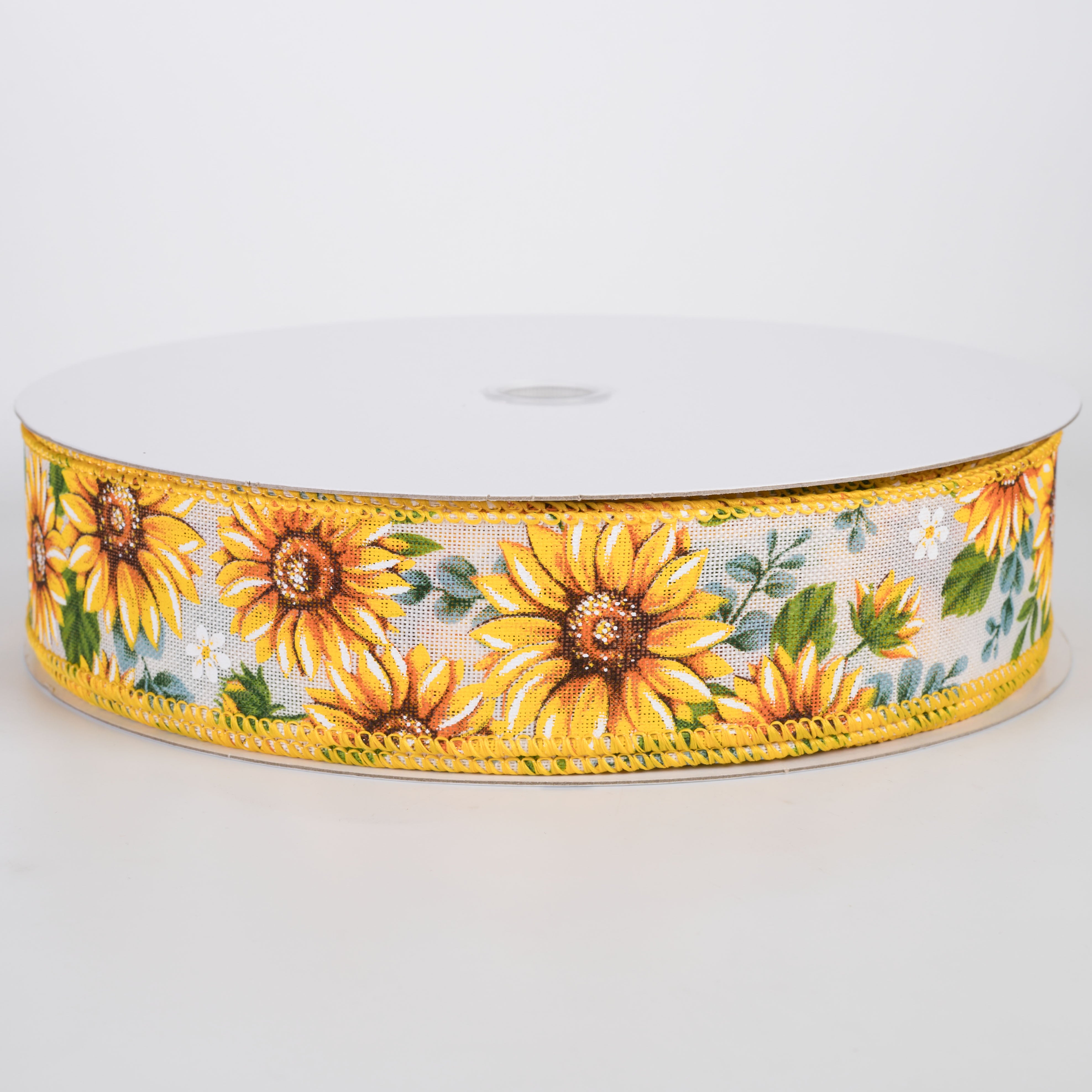 1.5" Linen Sunflowers & Eucalyptus Ribbon: White (50 Yards)
