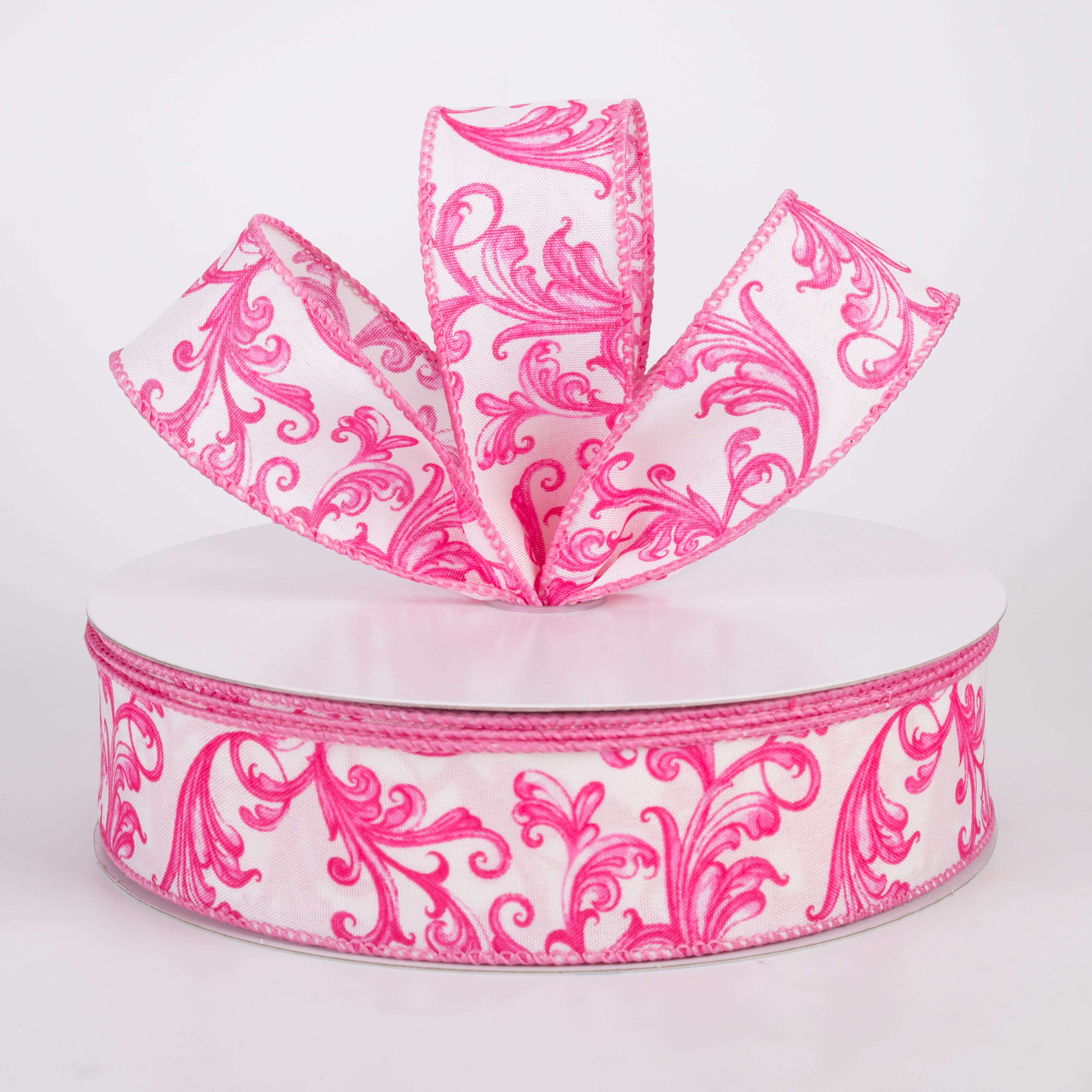 1.5" Satin Chinoiserie Swirls Ribbon: Hot Pink on White (50 Yards)