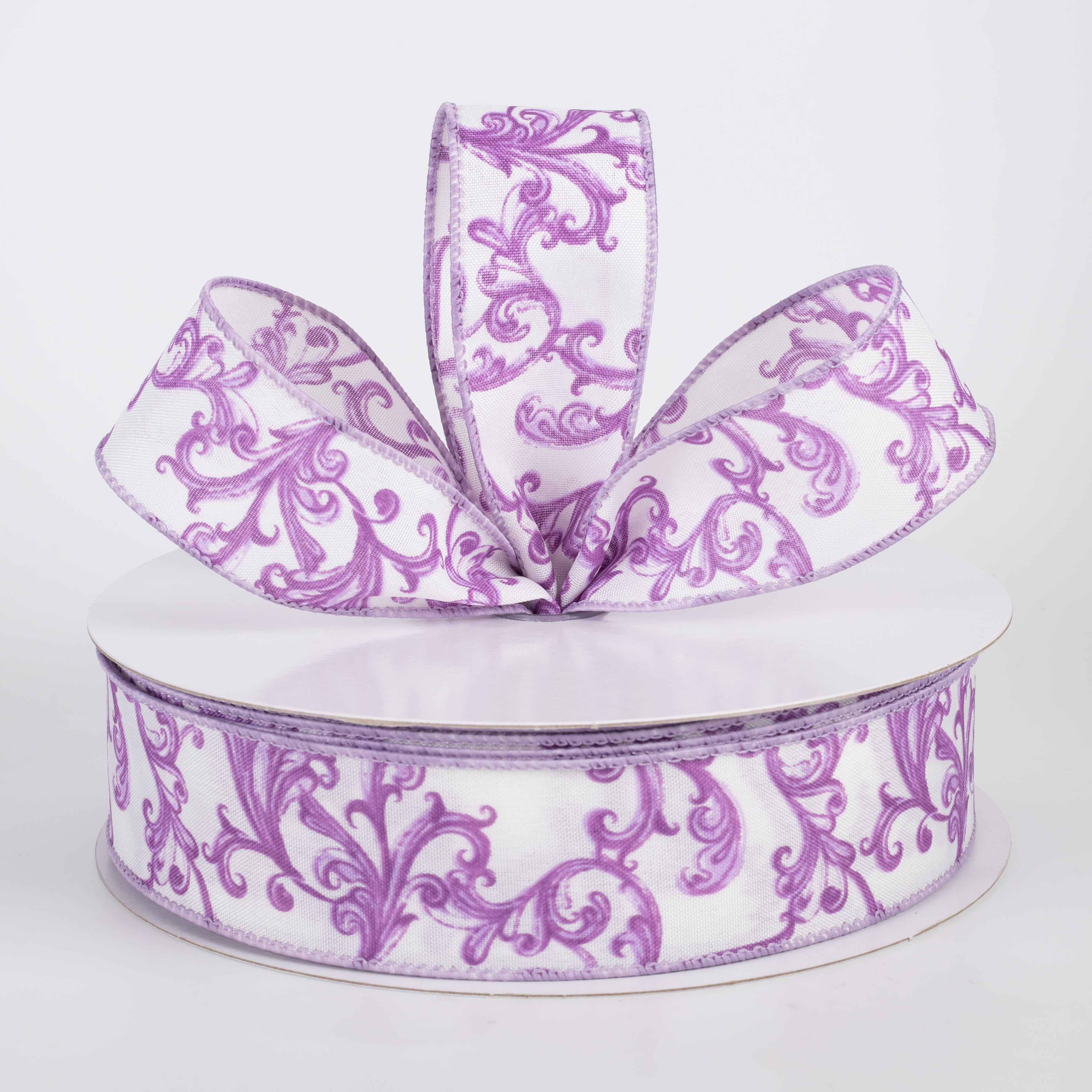 1.5" Satin Chinoiserie Swirls Ribbon: Lavender on White (50 Yards)
