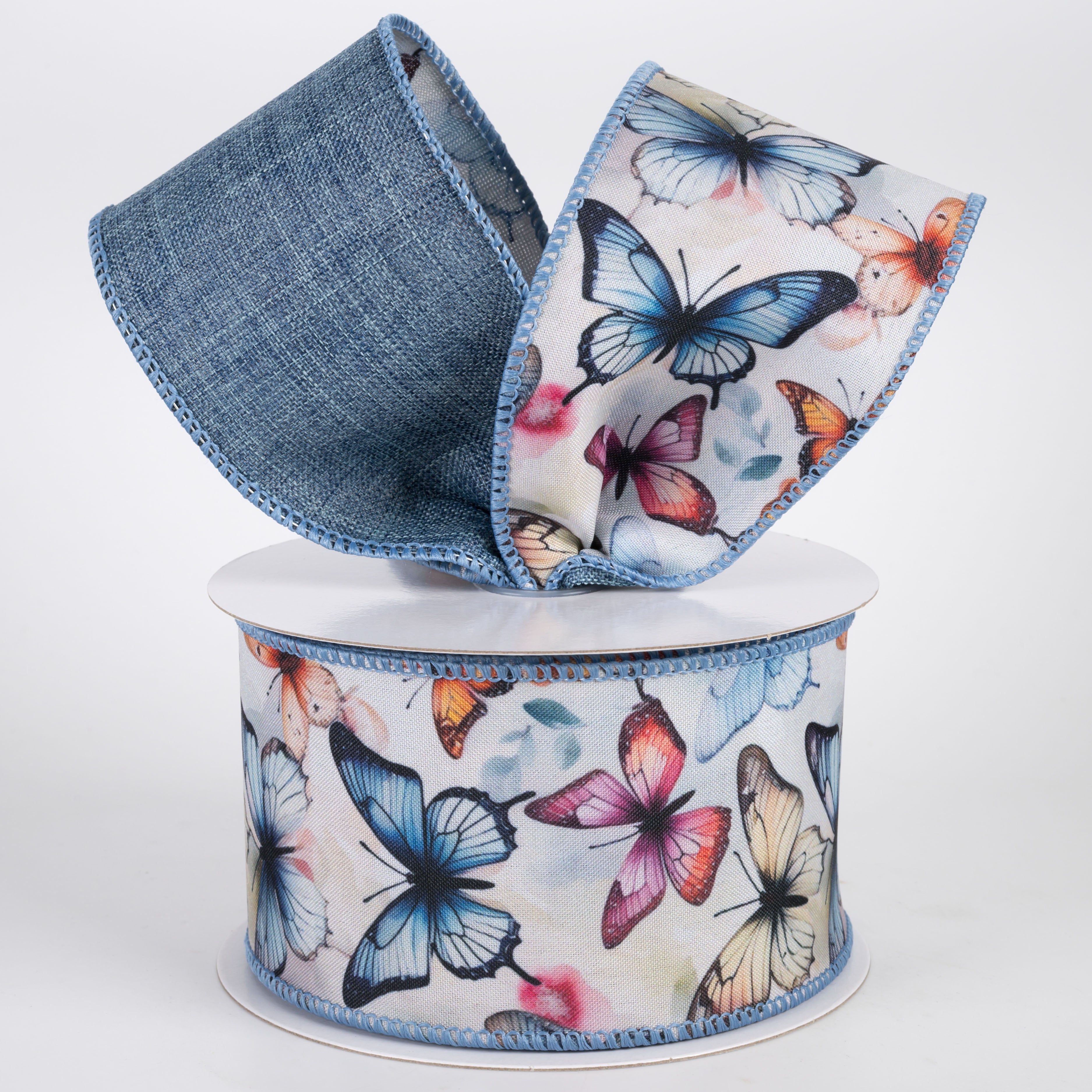 2.5" Double Sided Fused Watercolor Butterflies Ribbon: Denim Blue (10 Yards)