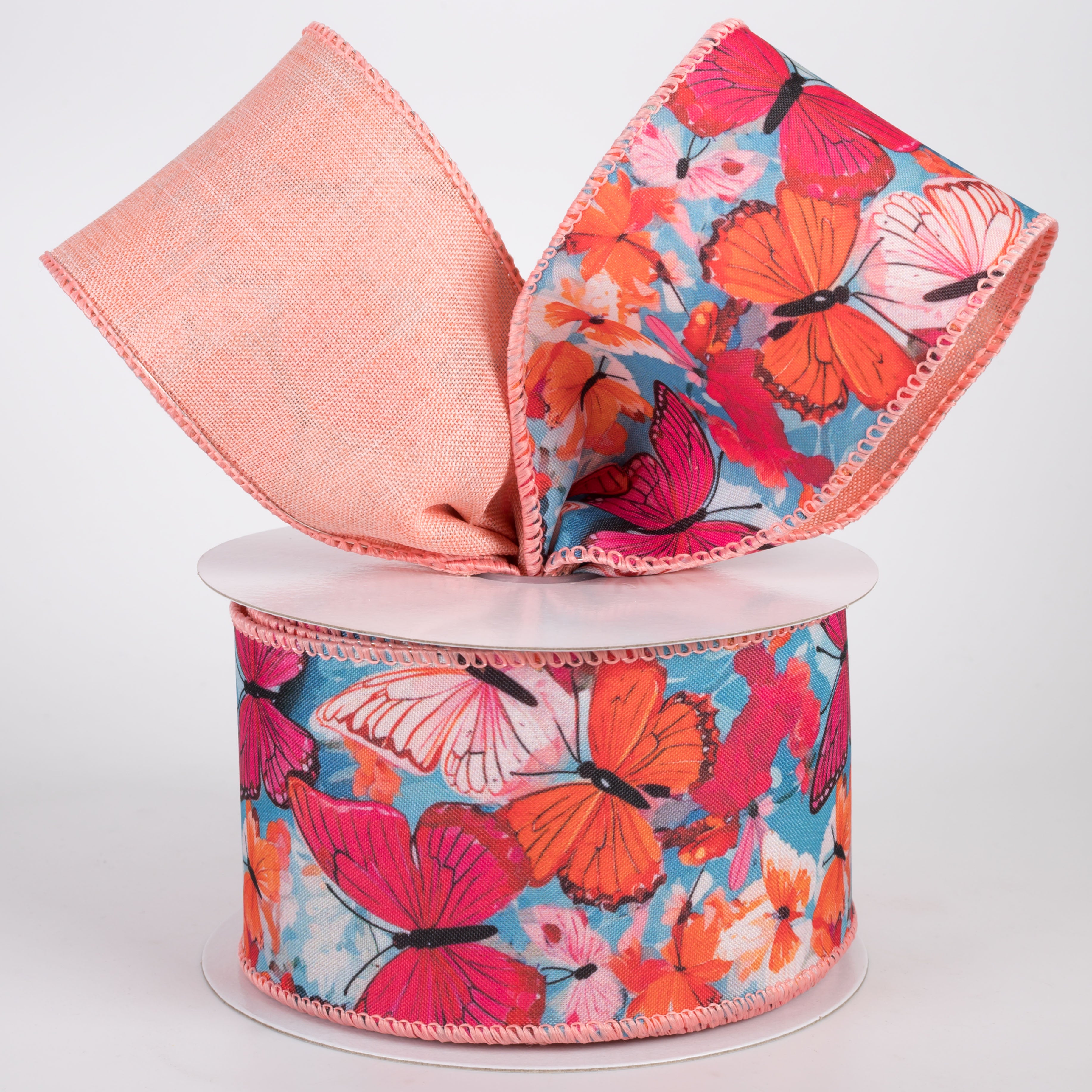 2.5" Double Sided Fused Oil Painting Butterflies Ribbon: Coral Orange (10 Yards)