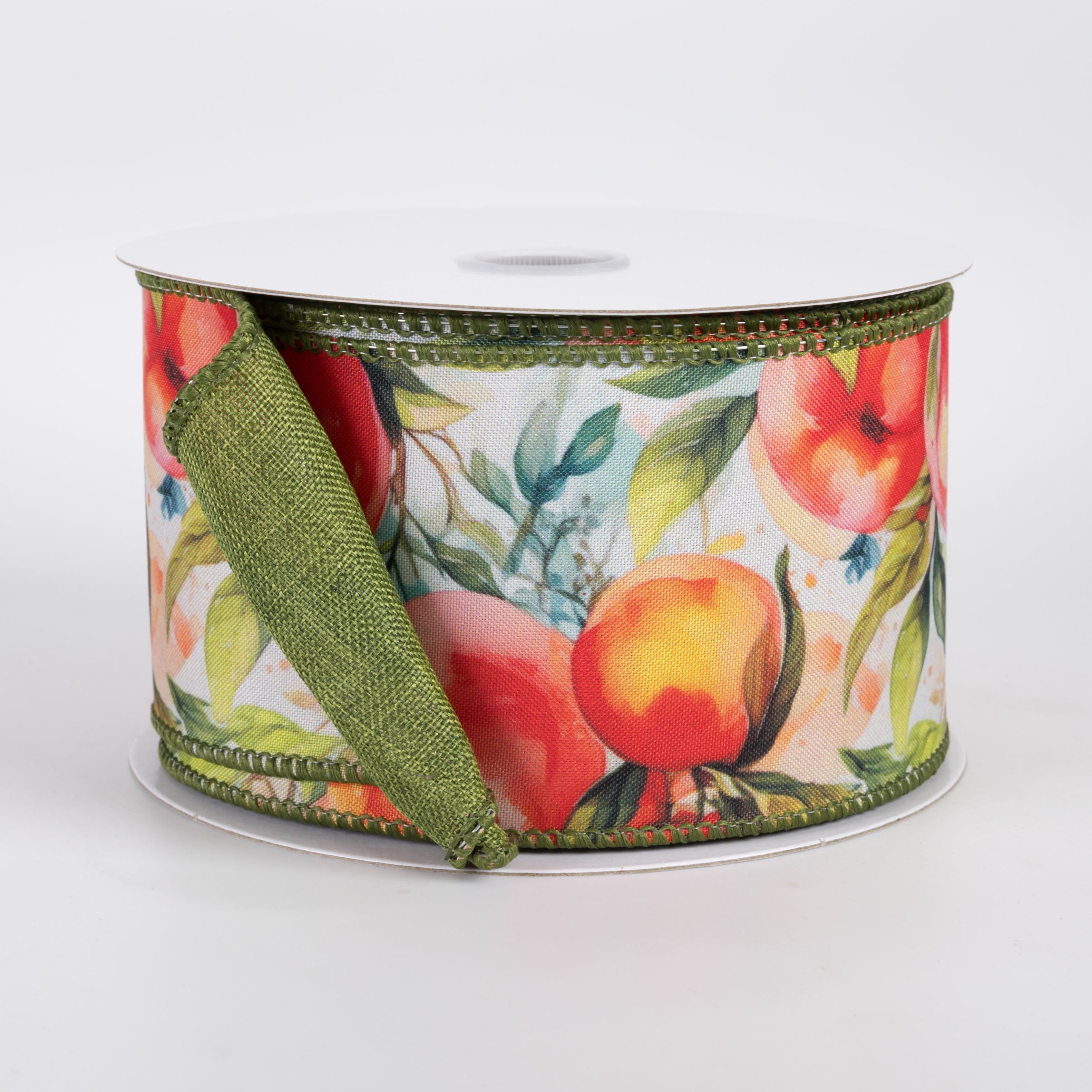 2.5" Double Sided Fused Watercolor Peaches Ribbon: Moss Green (10 Yards)