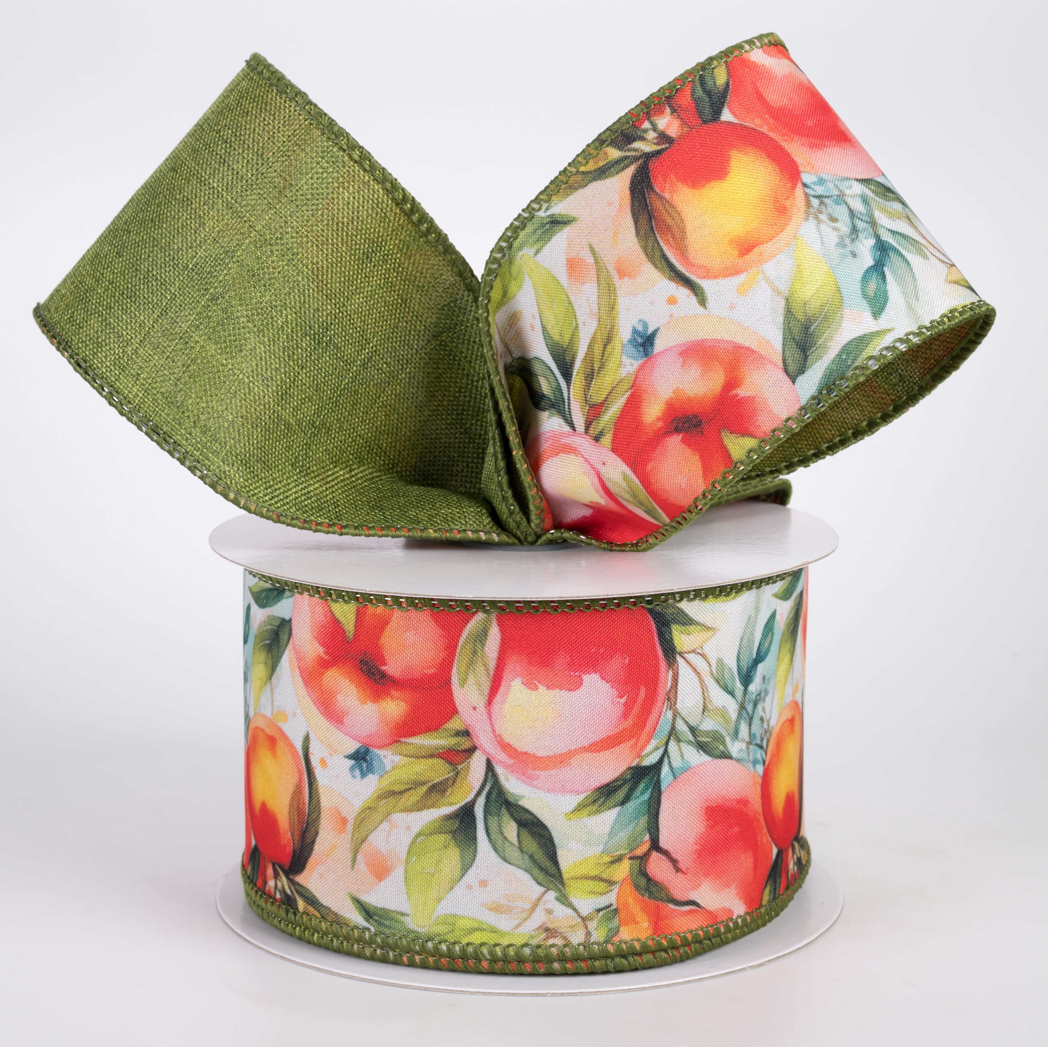 2.5" Double Sided Fused Watercolor Peaches Ribbon: Moss Green (10 Yards)