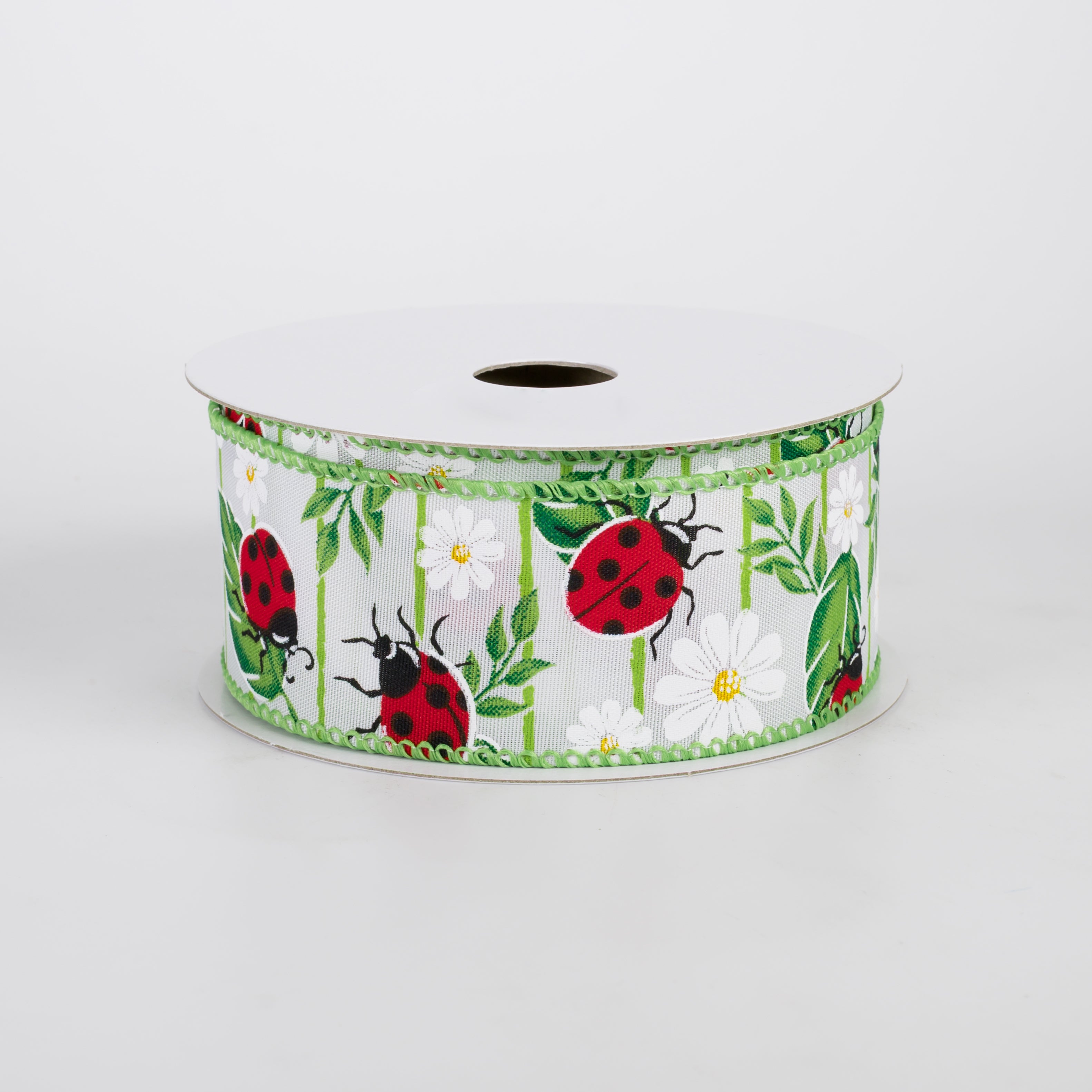 1.5" Satin Ladybugs on Leaves Ribbon: White (10 Yards)
