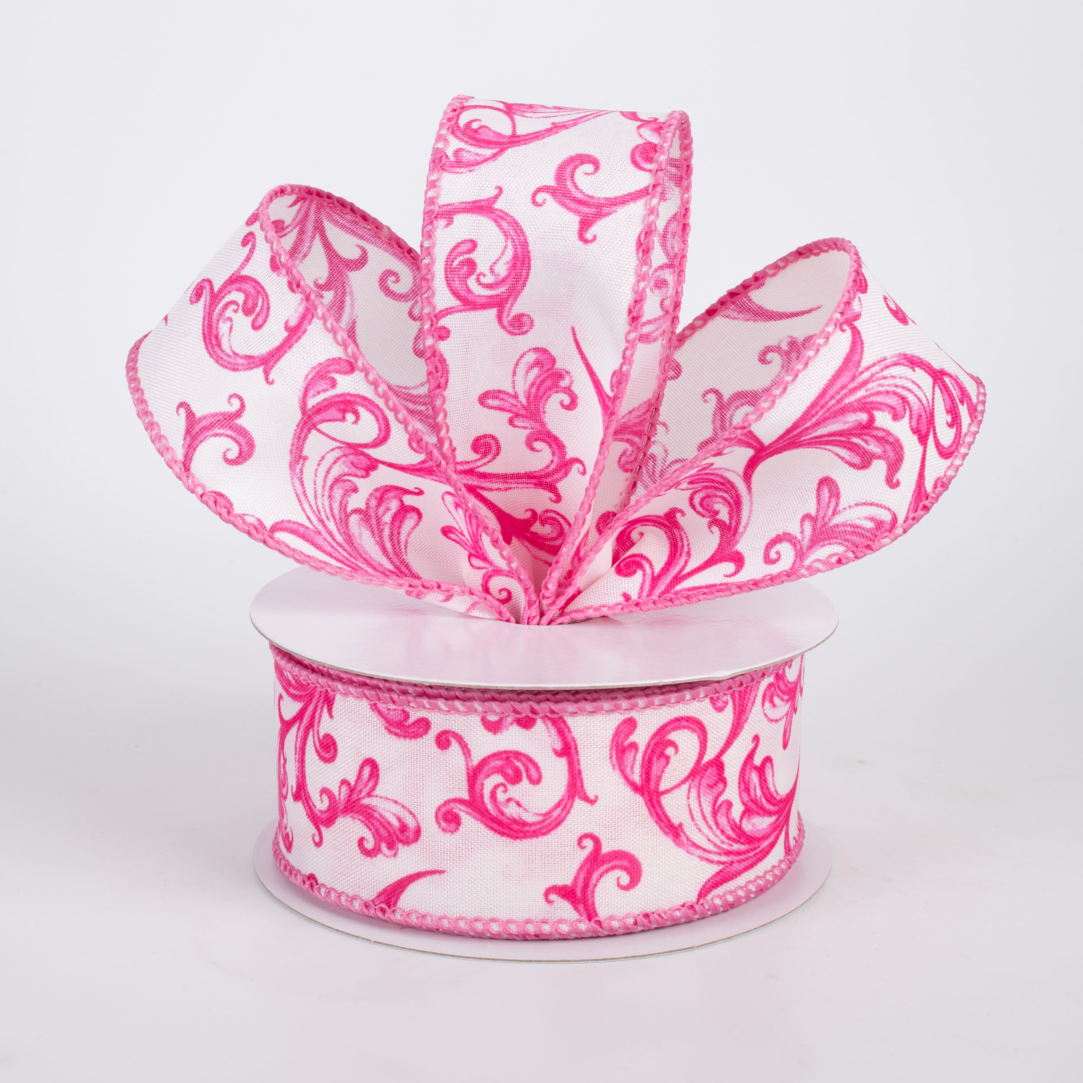 1.5" Satin Chinoiserie Swirls Ribbon: Hot Pink on White (10 Yards)