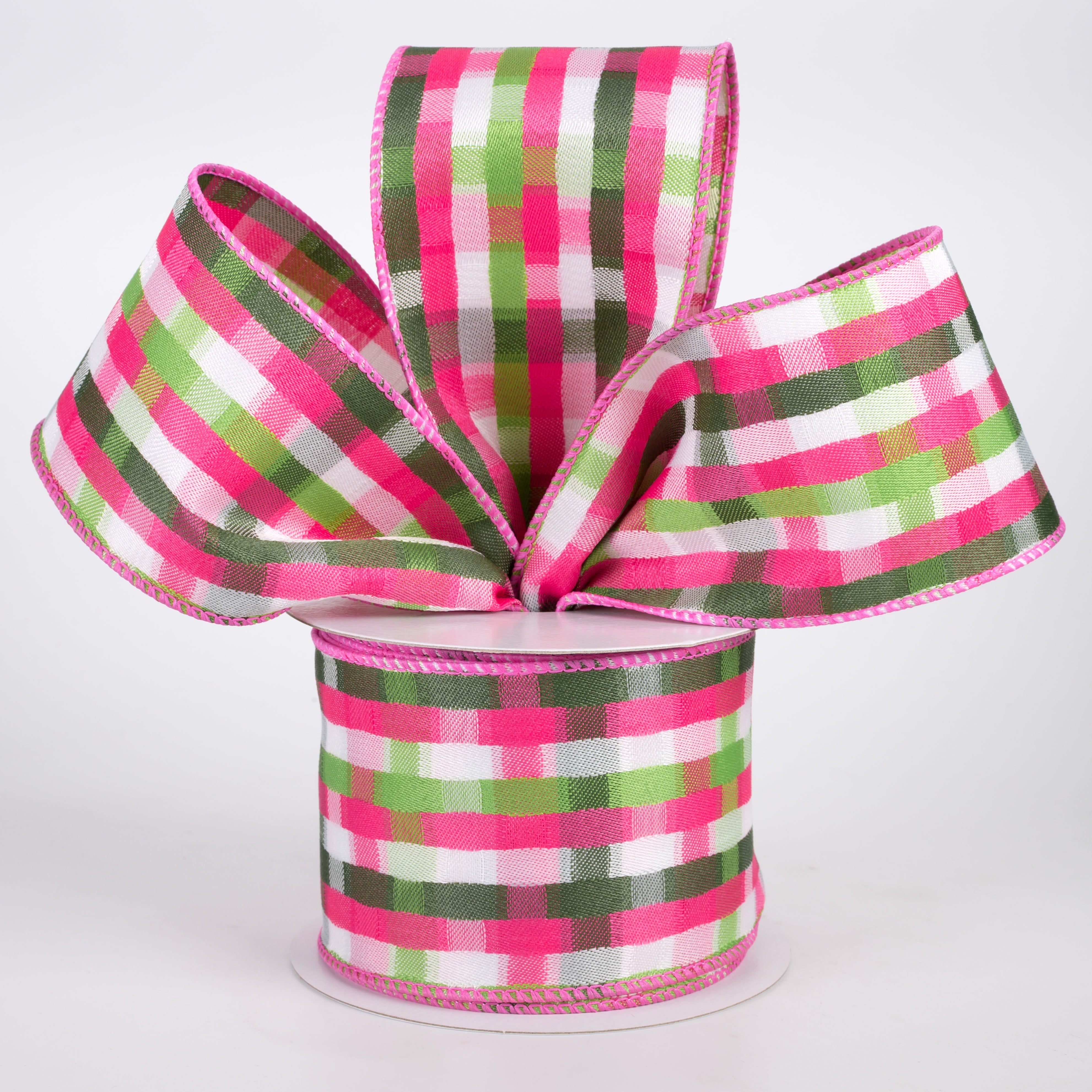 2.5" Mosaic Plaid Ribbon: Fuchsia, Lime, Moss & White (10 Yards)
