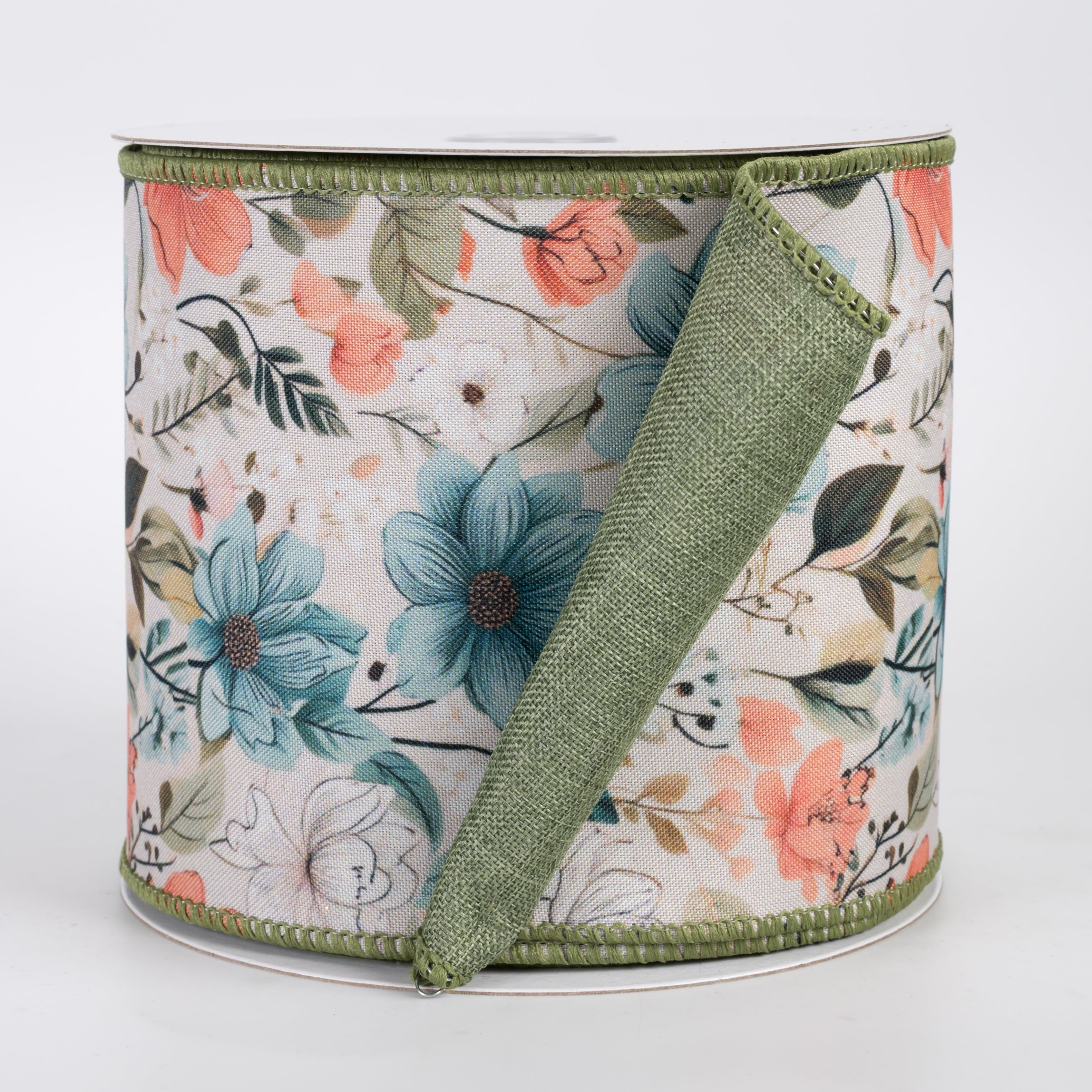 4" Double Sided Fused Dainty Flowers Ribbon: Sage Green (10 Yards)