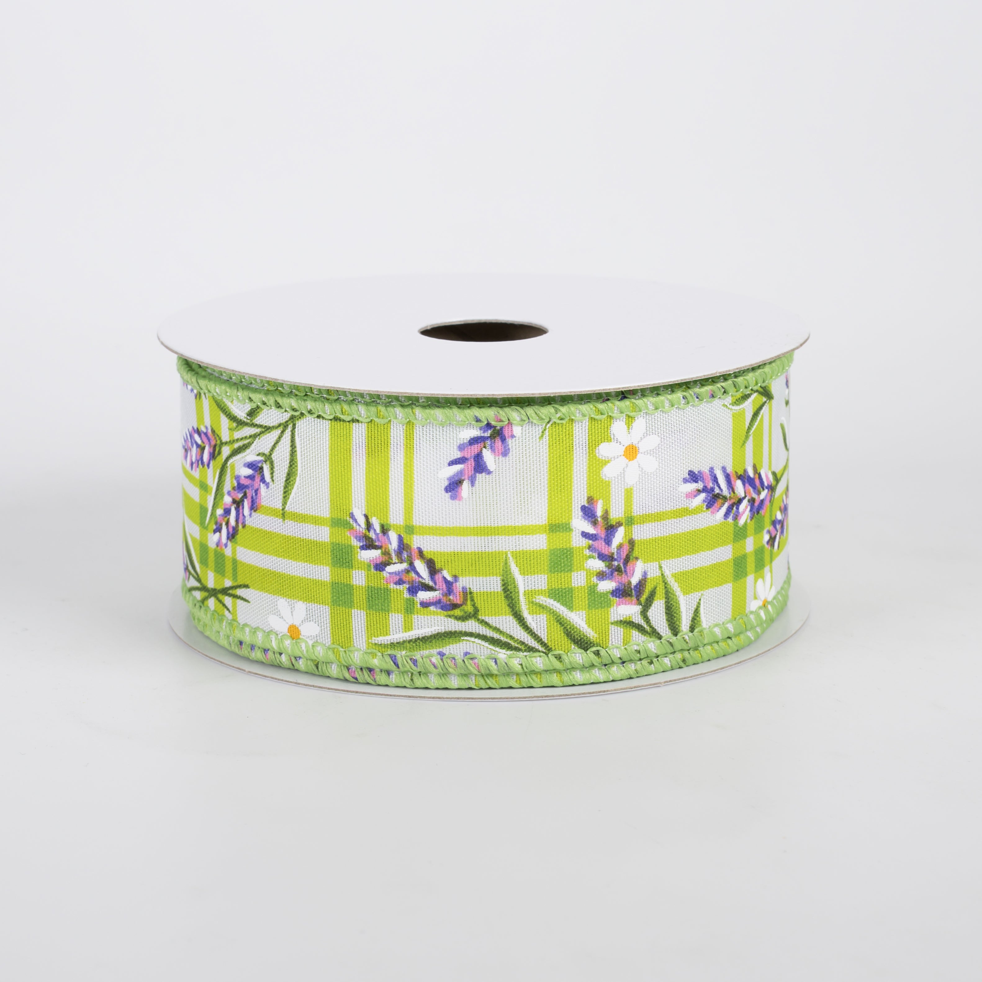 1.5" Satin Lavender Flowers on Plaid Ribbon: Green (10 Yards)