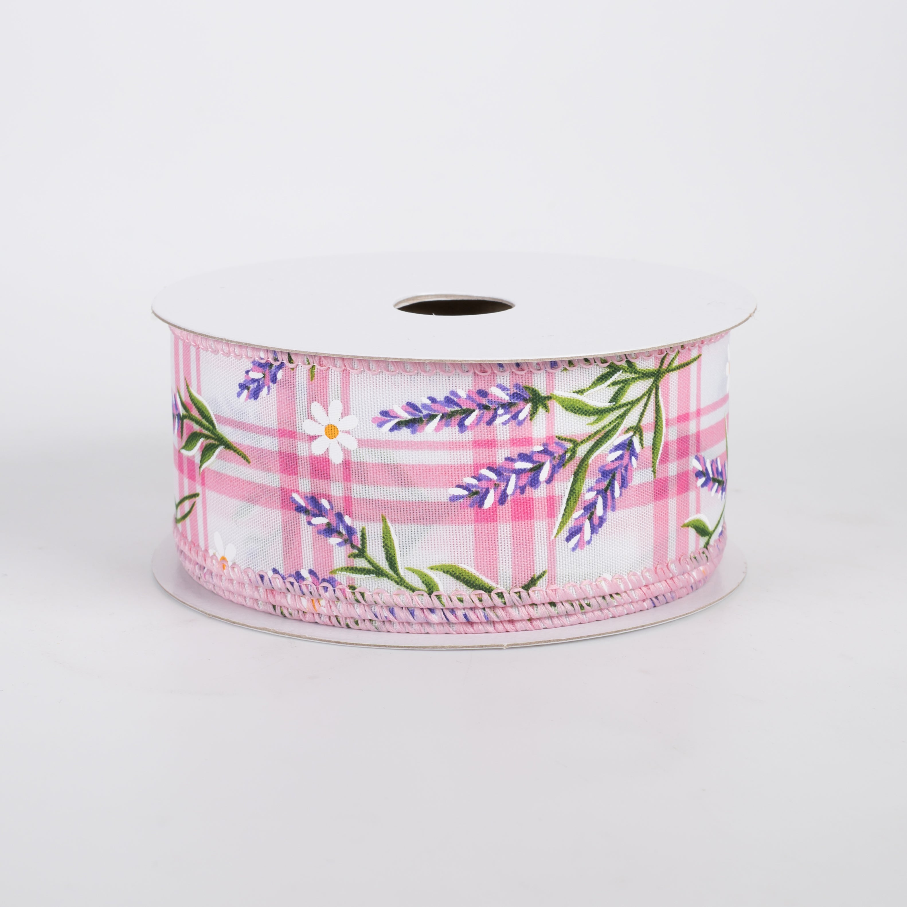1.5" Satin Lavender Flowers on Plaid Ribbon: Pink (10 Yards)
