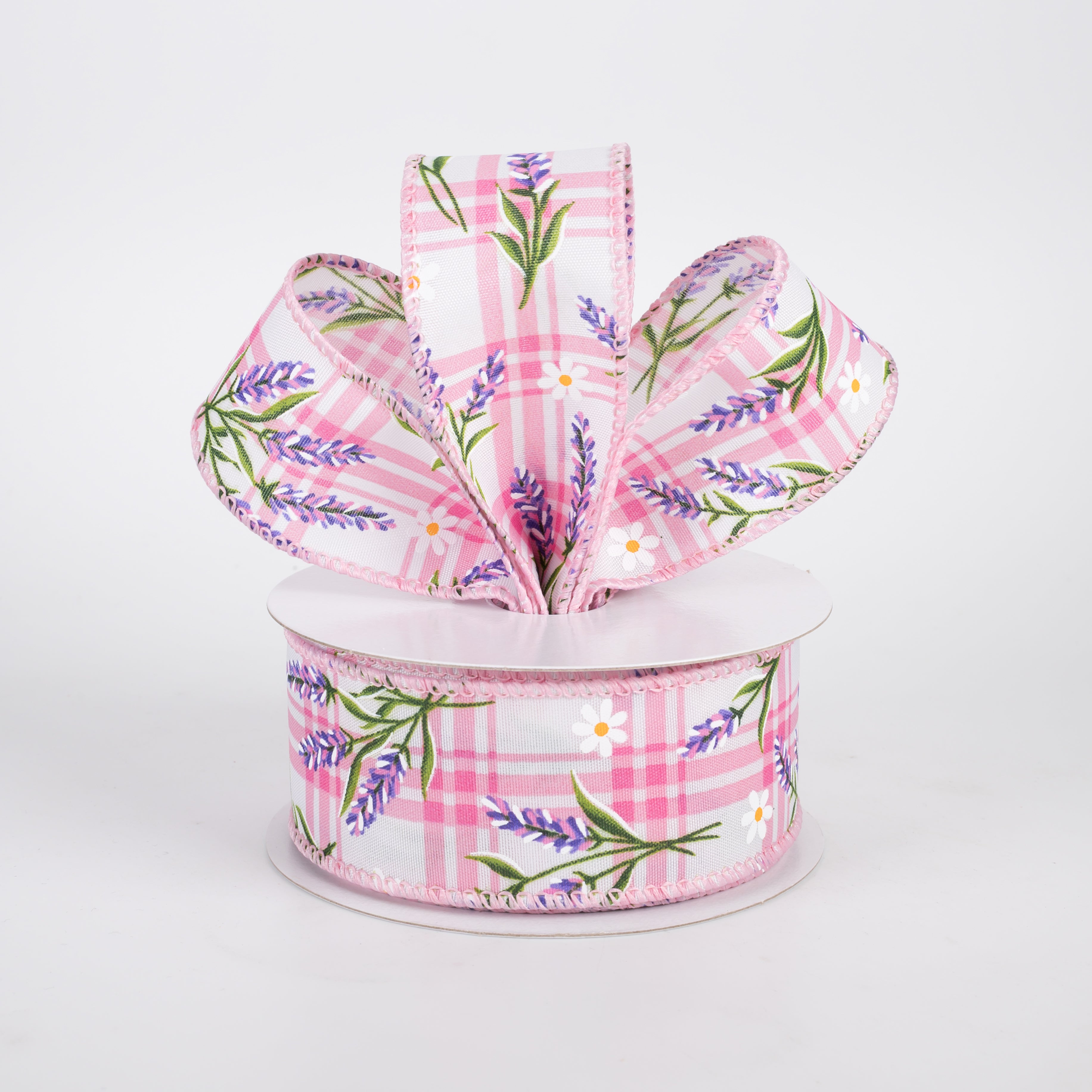 1.5" Satin Lavender Flowers on Plaid Ribbon: Pink (10 Yards)