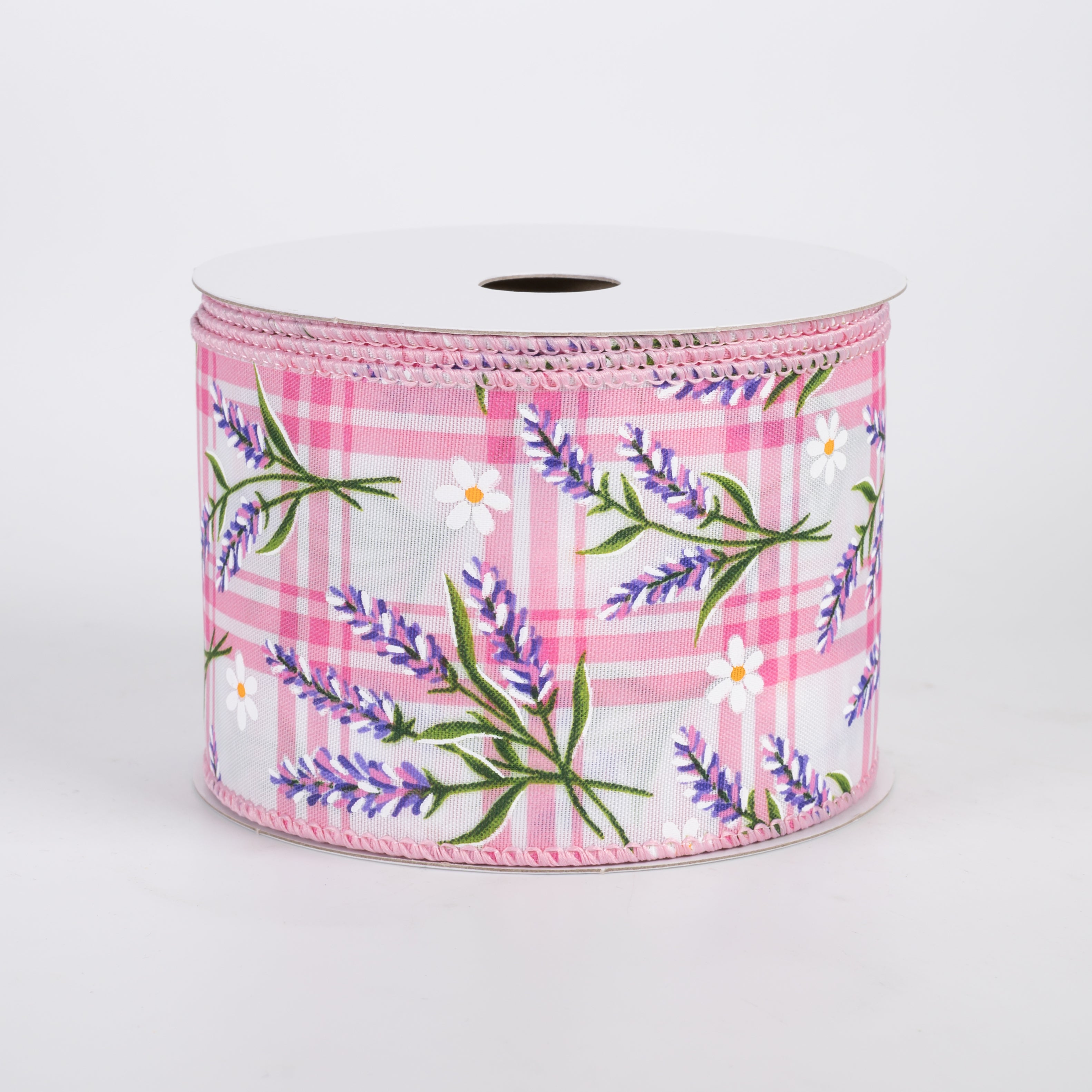 2.5" Satin Lavender Flowers on Plaid Ribbon: Pink (10 Yards)