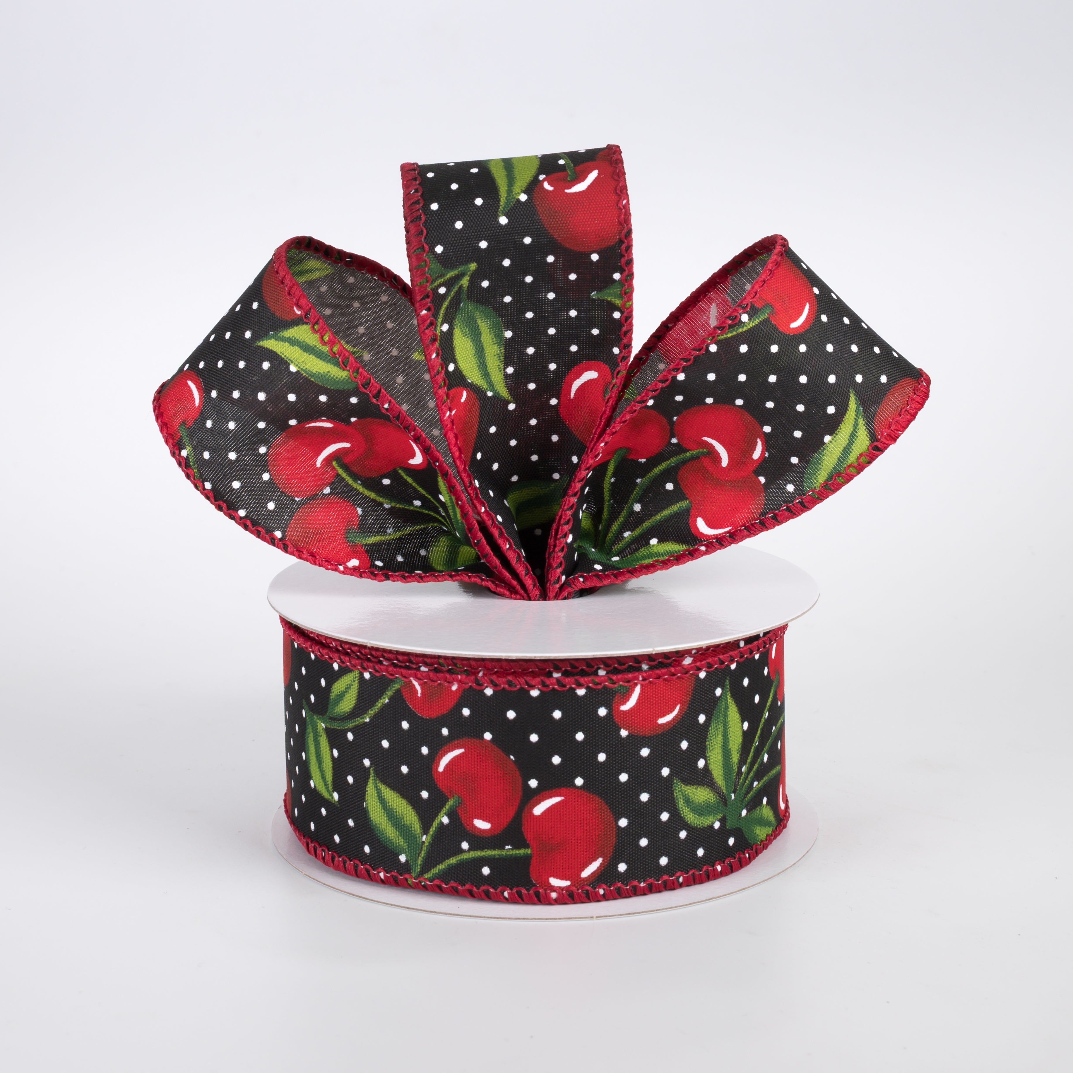 1.5" Satin Dots & Cherries Ribbon: Black (10 Yards)