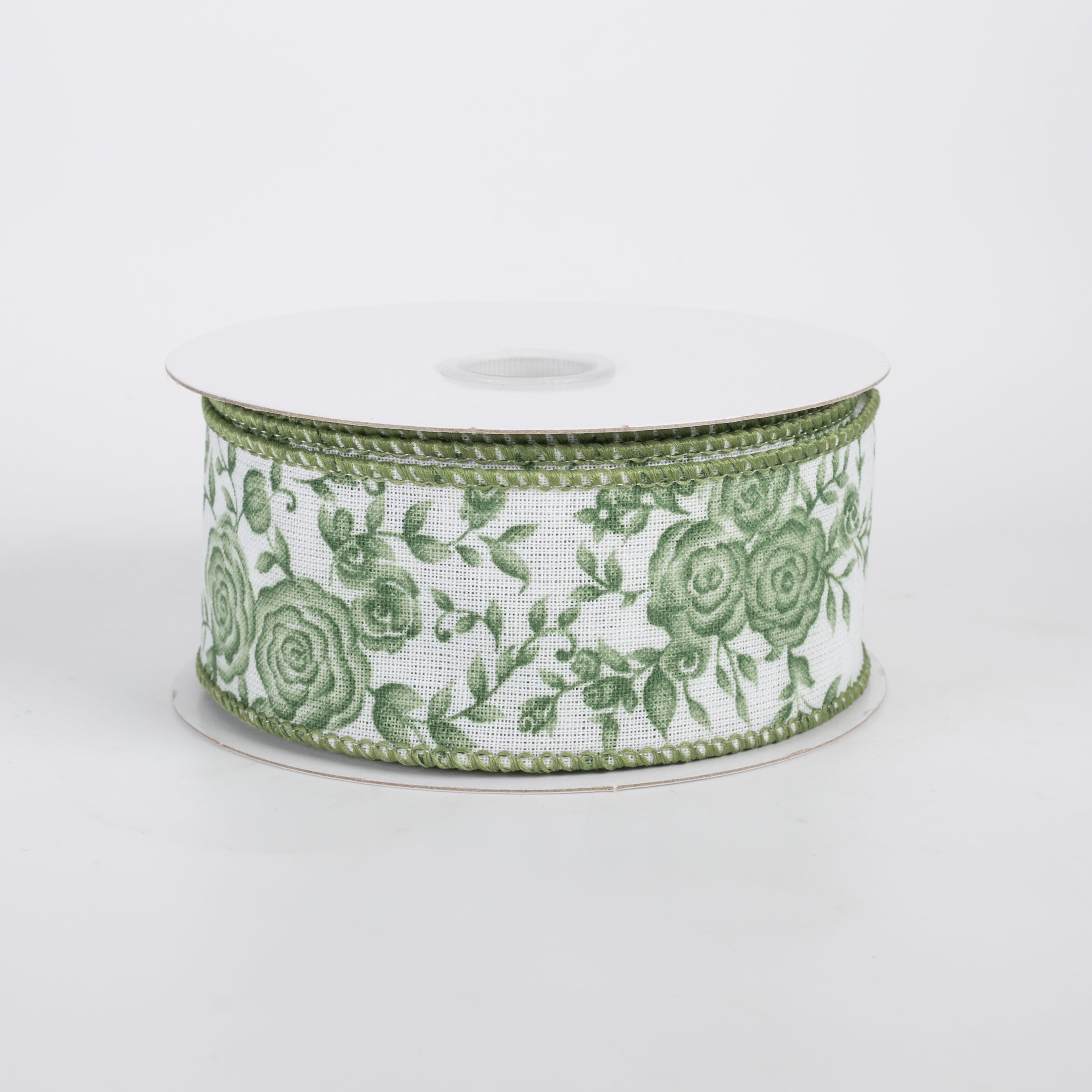 1.5" Muslin Linen Ombre Roses Ribbon: Sage on White (10 Yards)