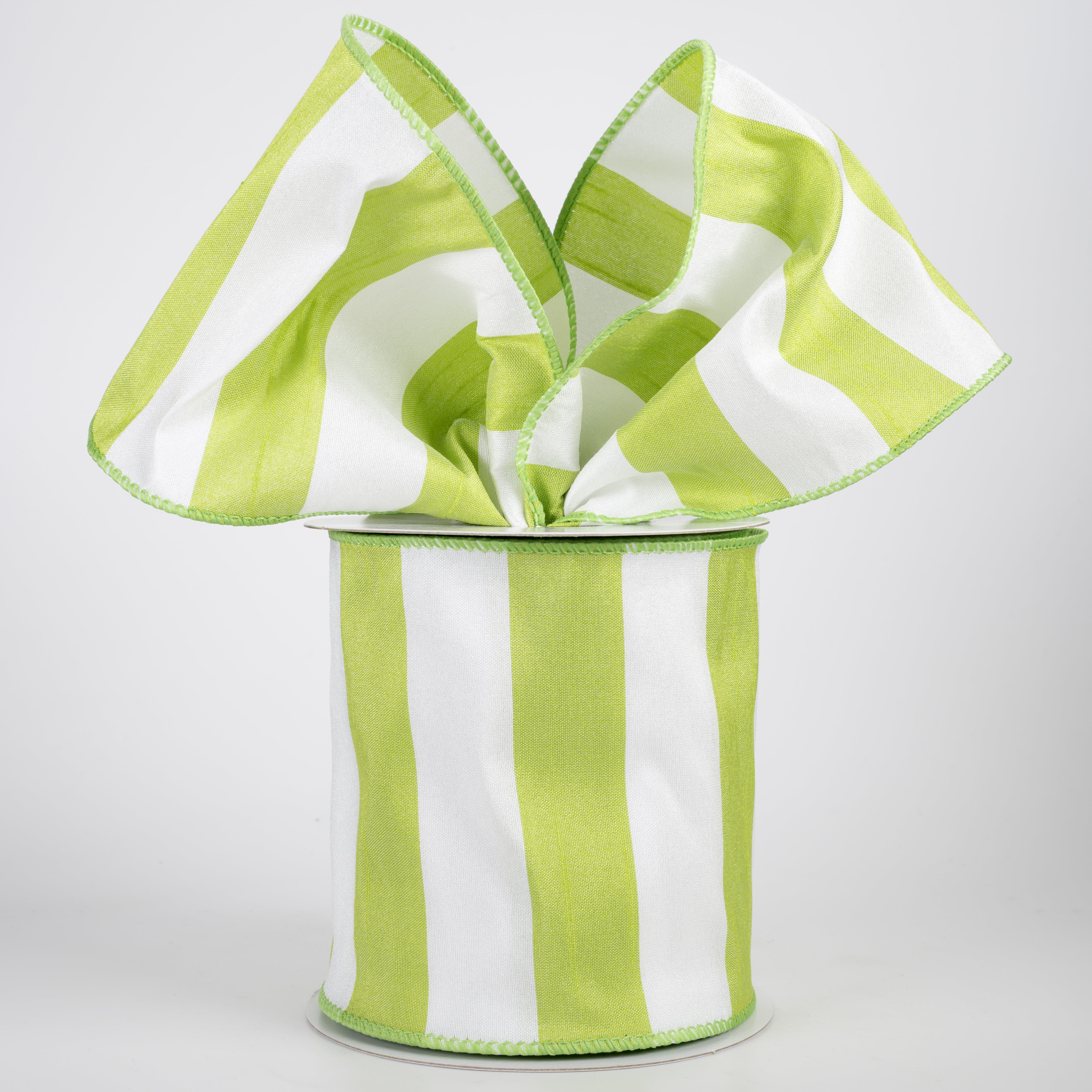 4" Dupioni Horizontal Stripes Ribbon: Lime & White (10 Yards)