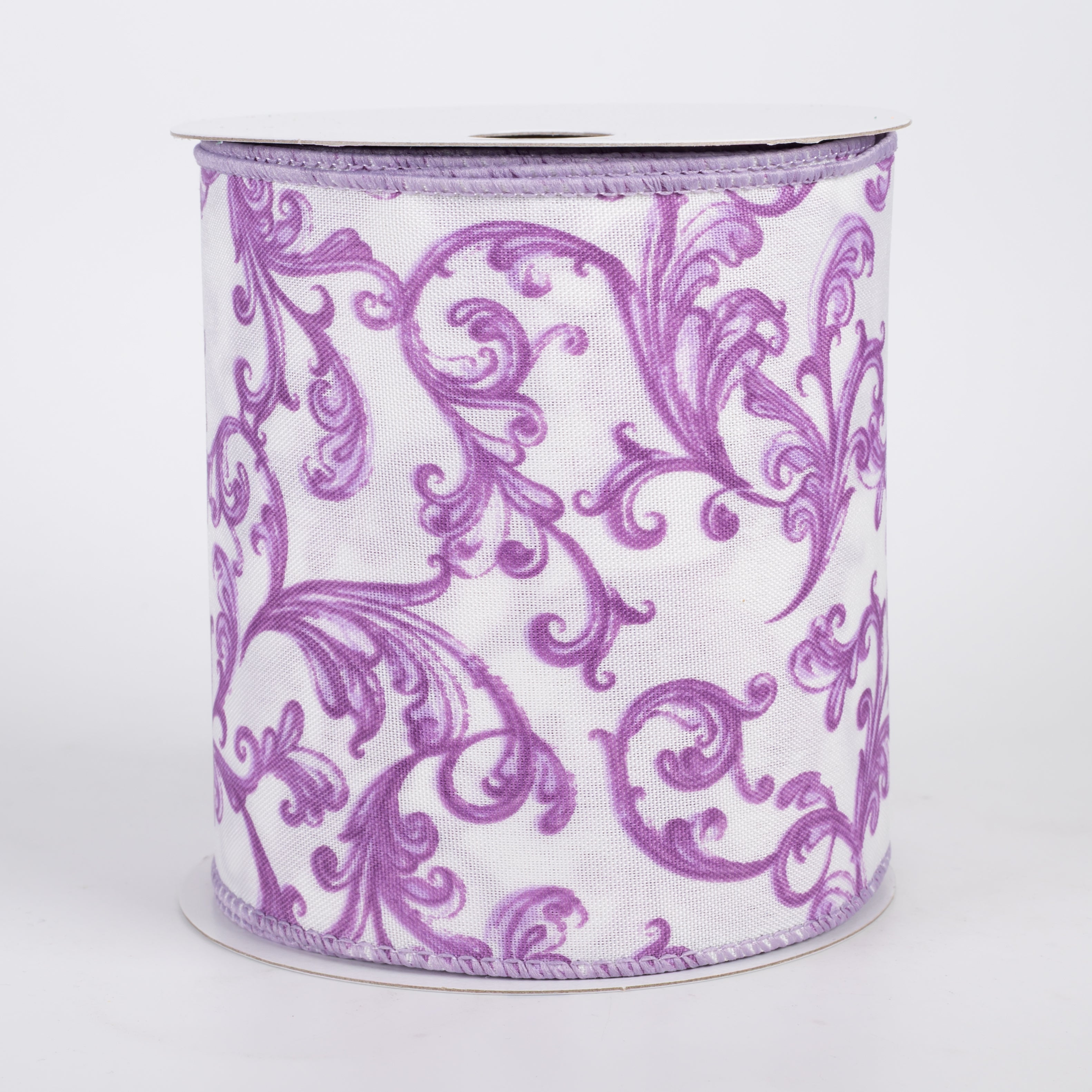 4" Satin Chinoiserie Swirls Ribbon: Purple on White (10 Yards)