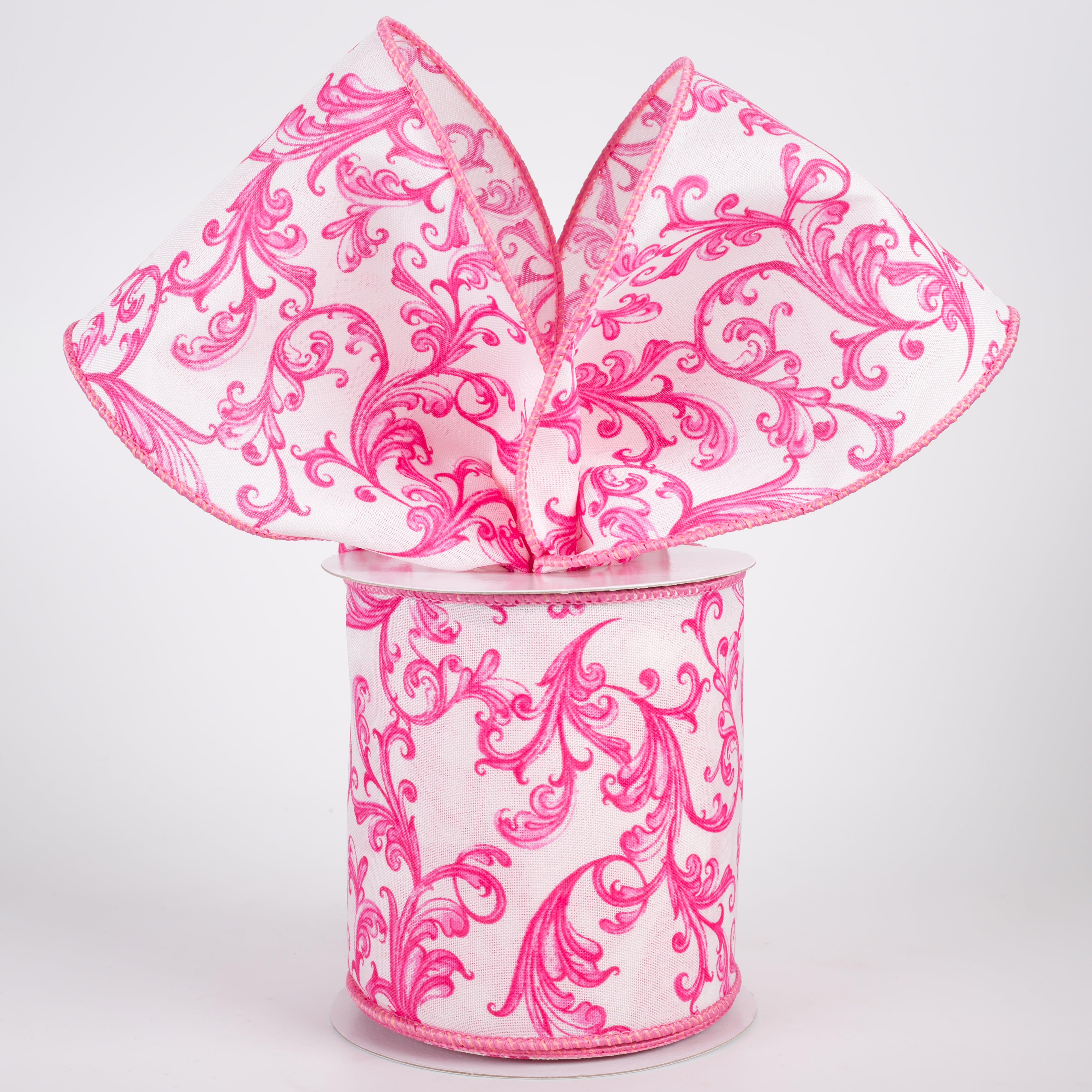 4" Satin Chinoiserie Swirls Ribbon: Hot Pink on White (10 Yards)