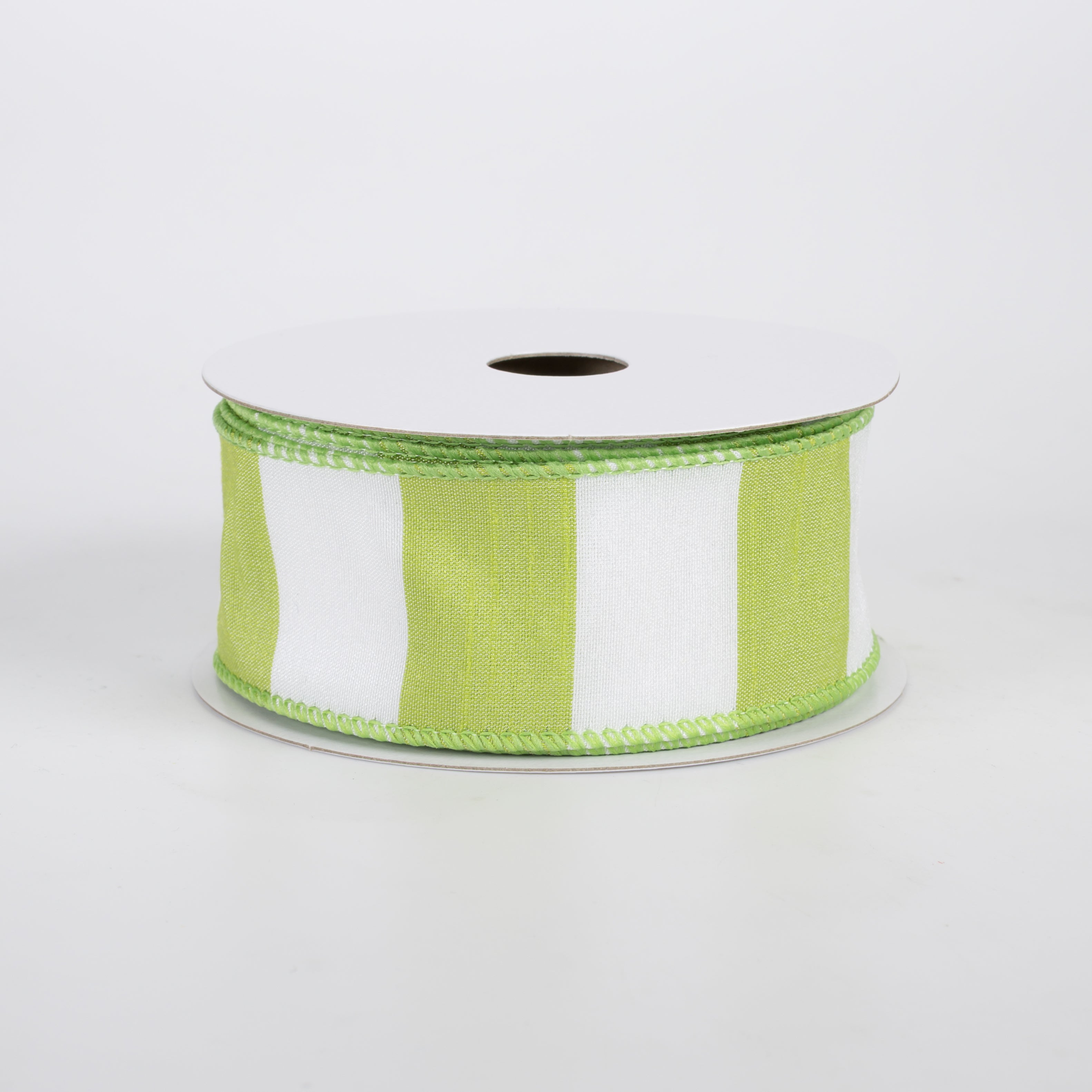 1.5" Dupioni Horizontal Stripes Ribbon: Lime & White (10 Yards)