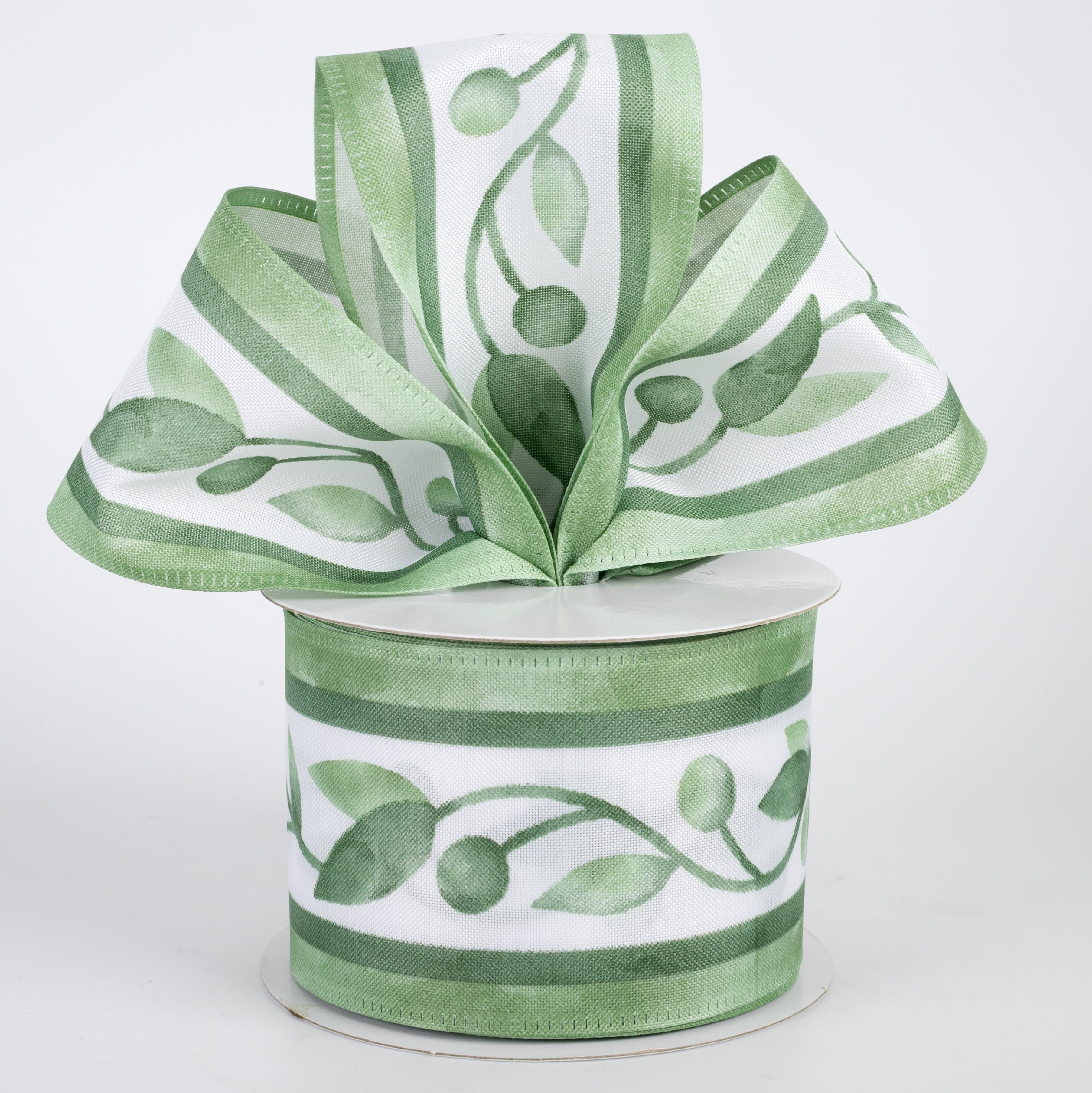 2.5" Watercolor Vine Stripes Ribbon: Sage & Green (10 Yards)